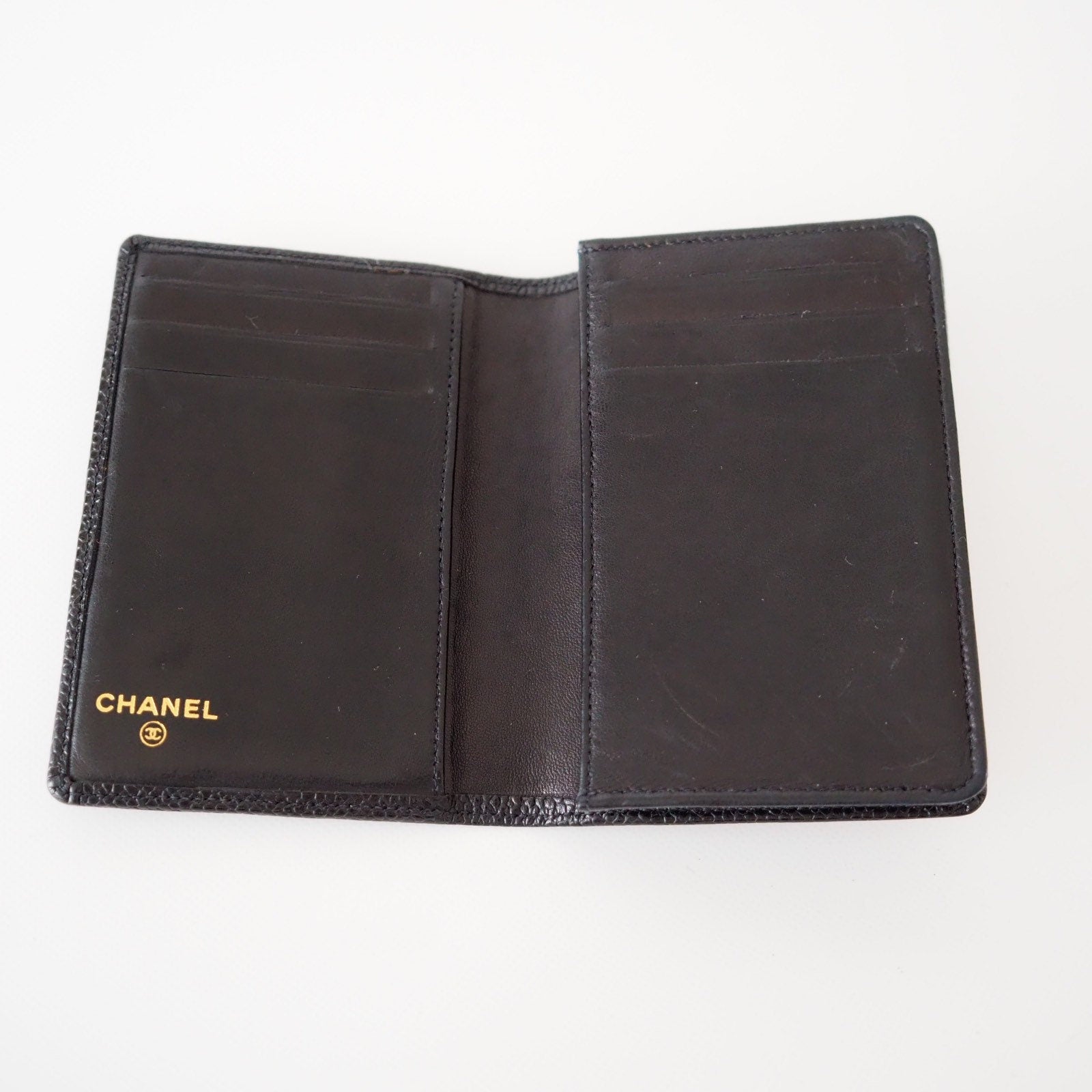 CHANEL Card Case Purse Caviar Skin CC Leather Black Authentic Vintage Box