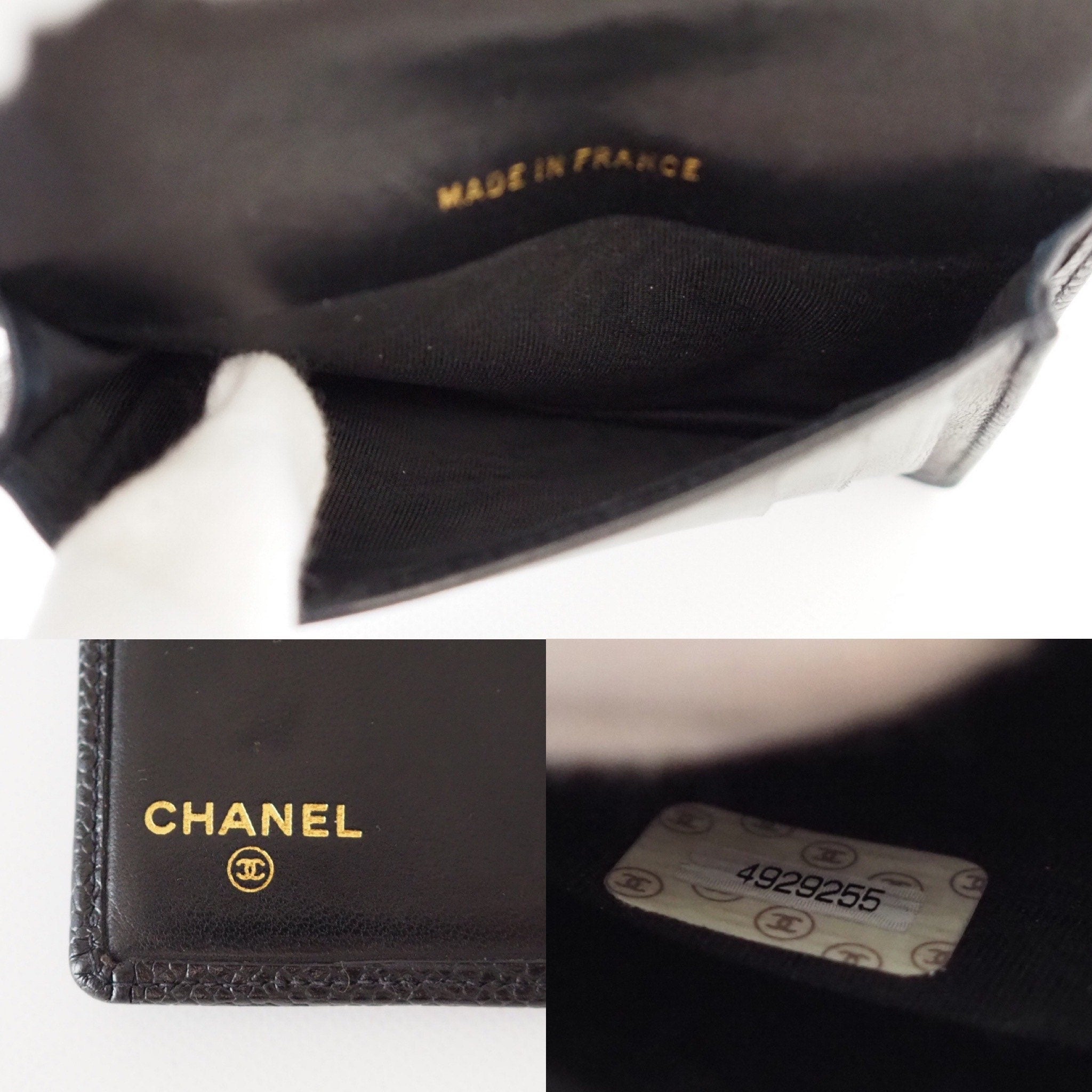CHANEL Card Case Purse Caviar Skin CC Leather Black Authentic Vintage Box