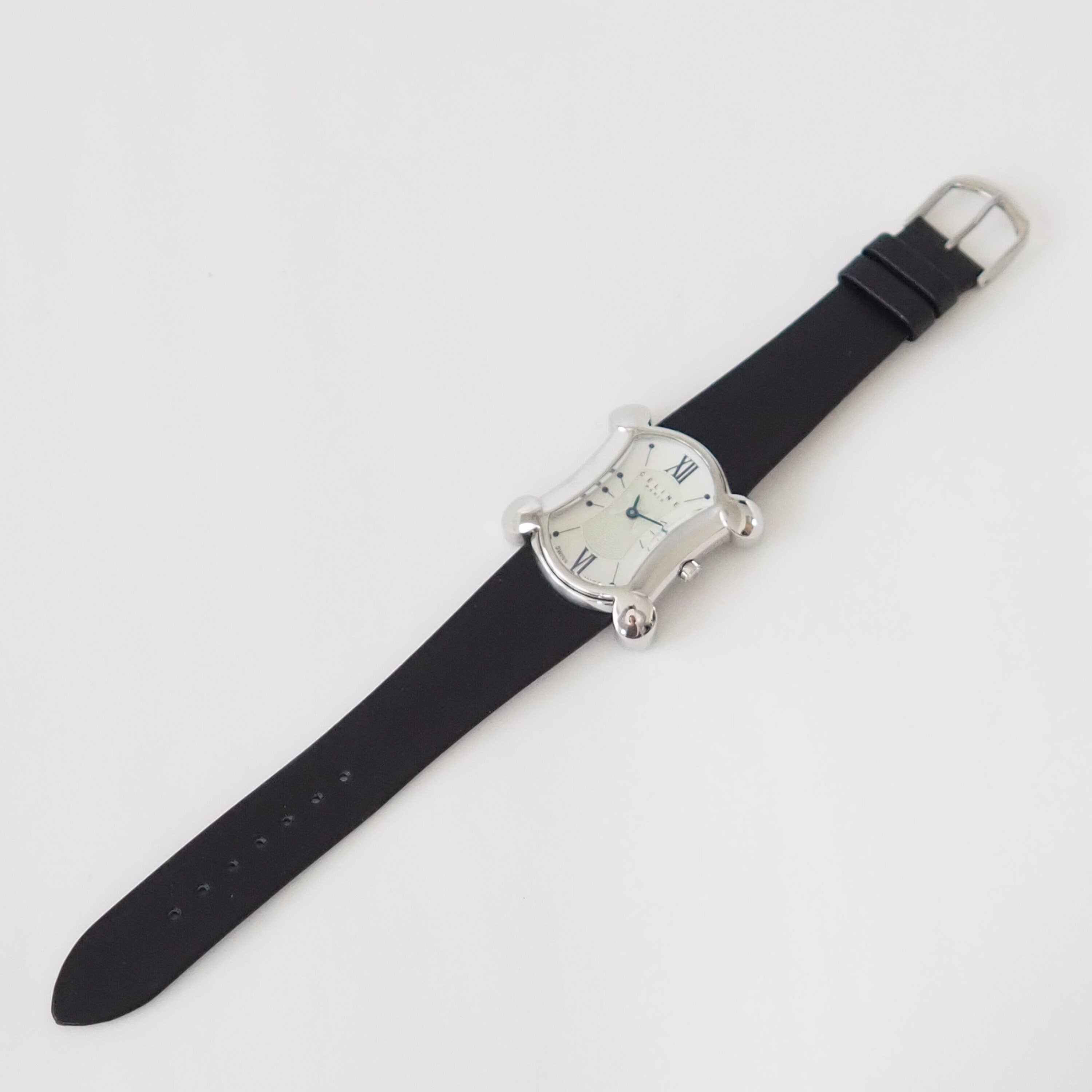 CELINE Watch Wristwatch Macadam Face Silver Color Steel Leather Quartz Vintage