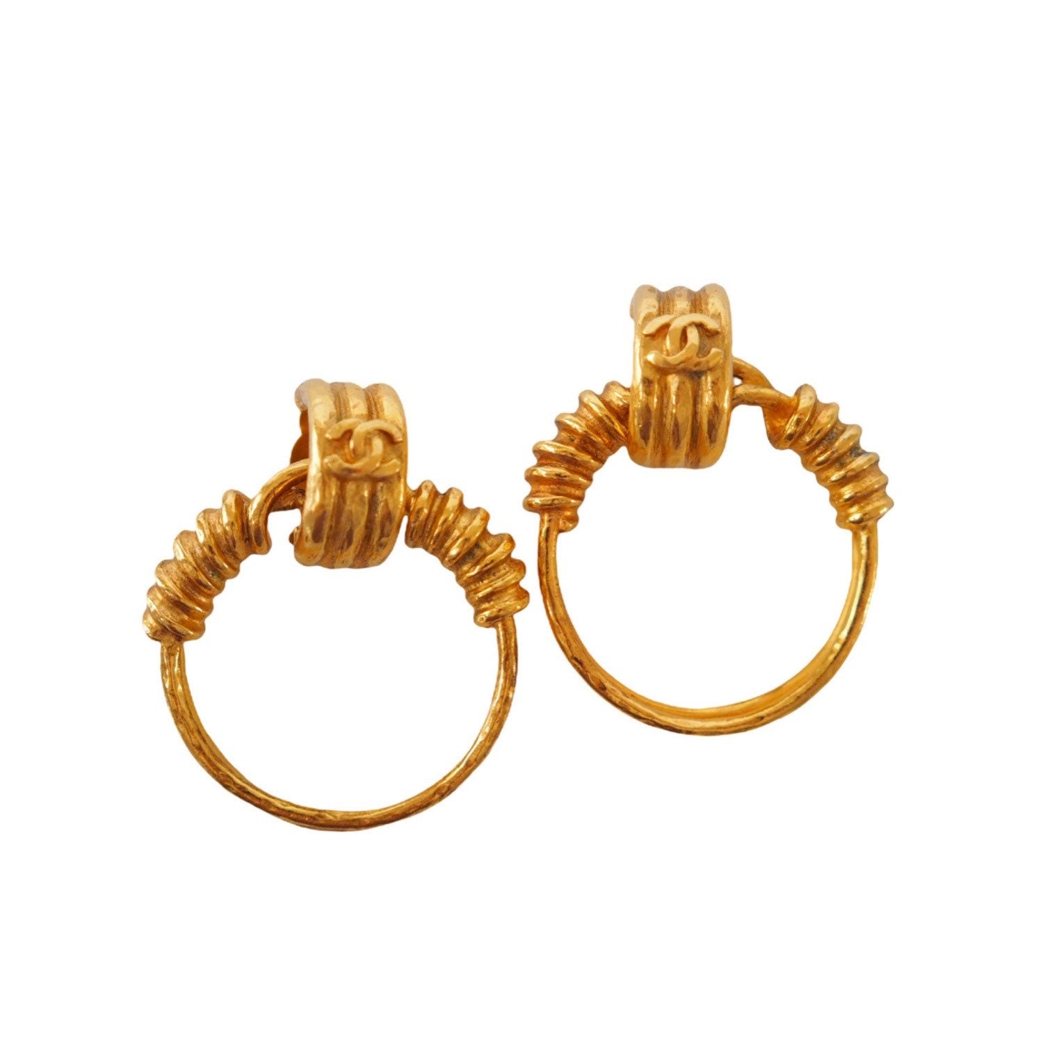 CHANEL Hoop Earrings Coco Mark Gold Authentic