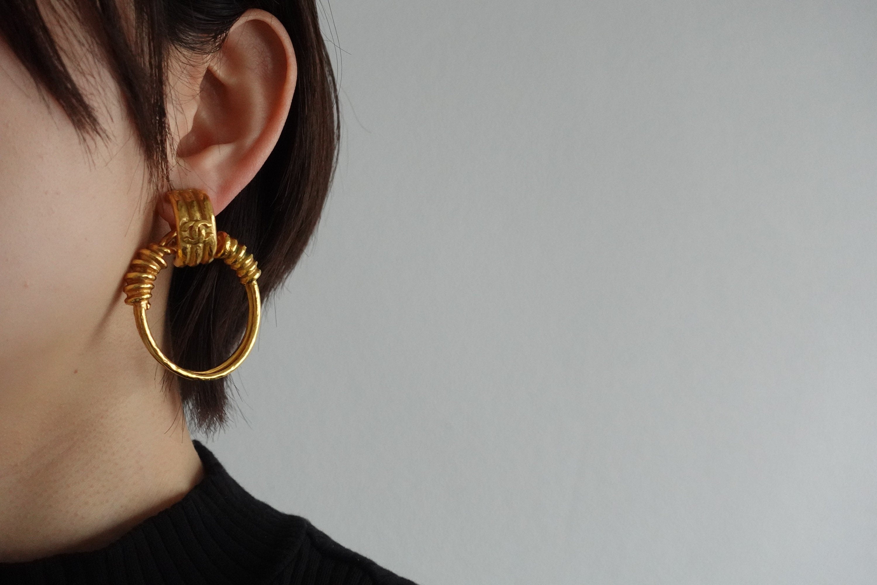 CHANEL Hoop Earrings Coco Mark Gold Authentic