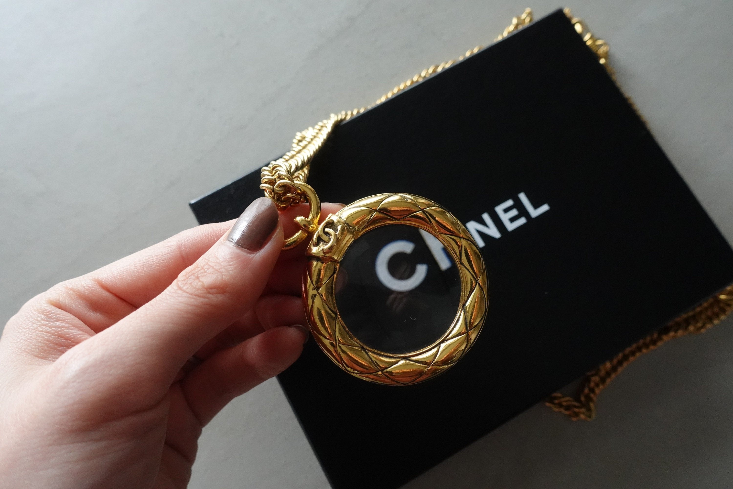 CHANEL Loupe Necklace COCO Mark Gold Plated Loupe Collection Authentic Vintage Rare
