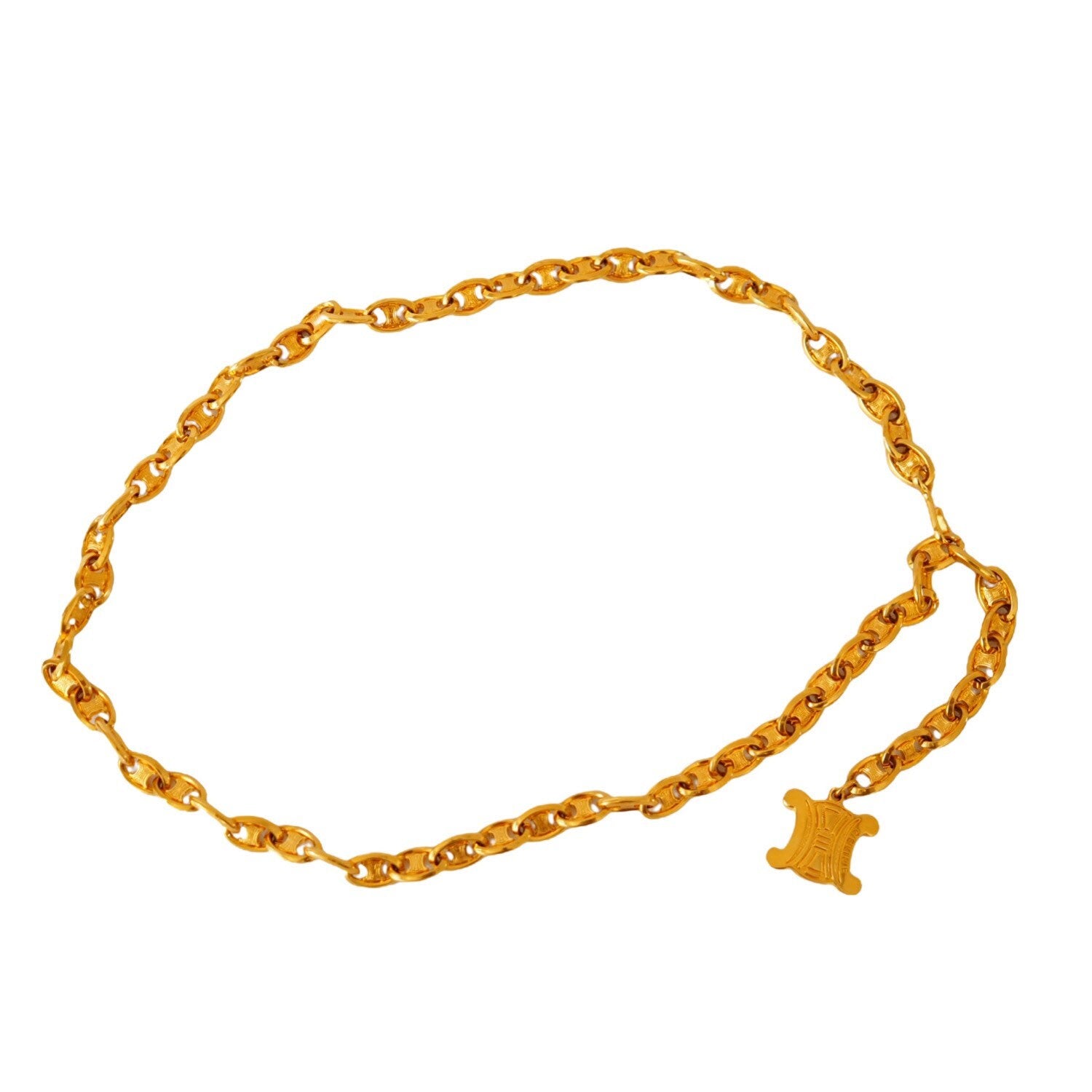 CELINE Vintage Gold Macadam Logo Chain Link Charm Waist Belt Authentic