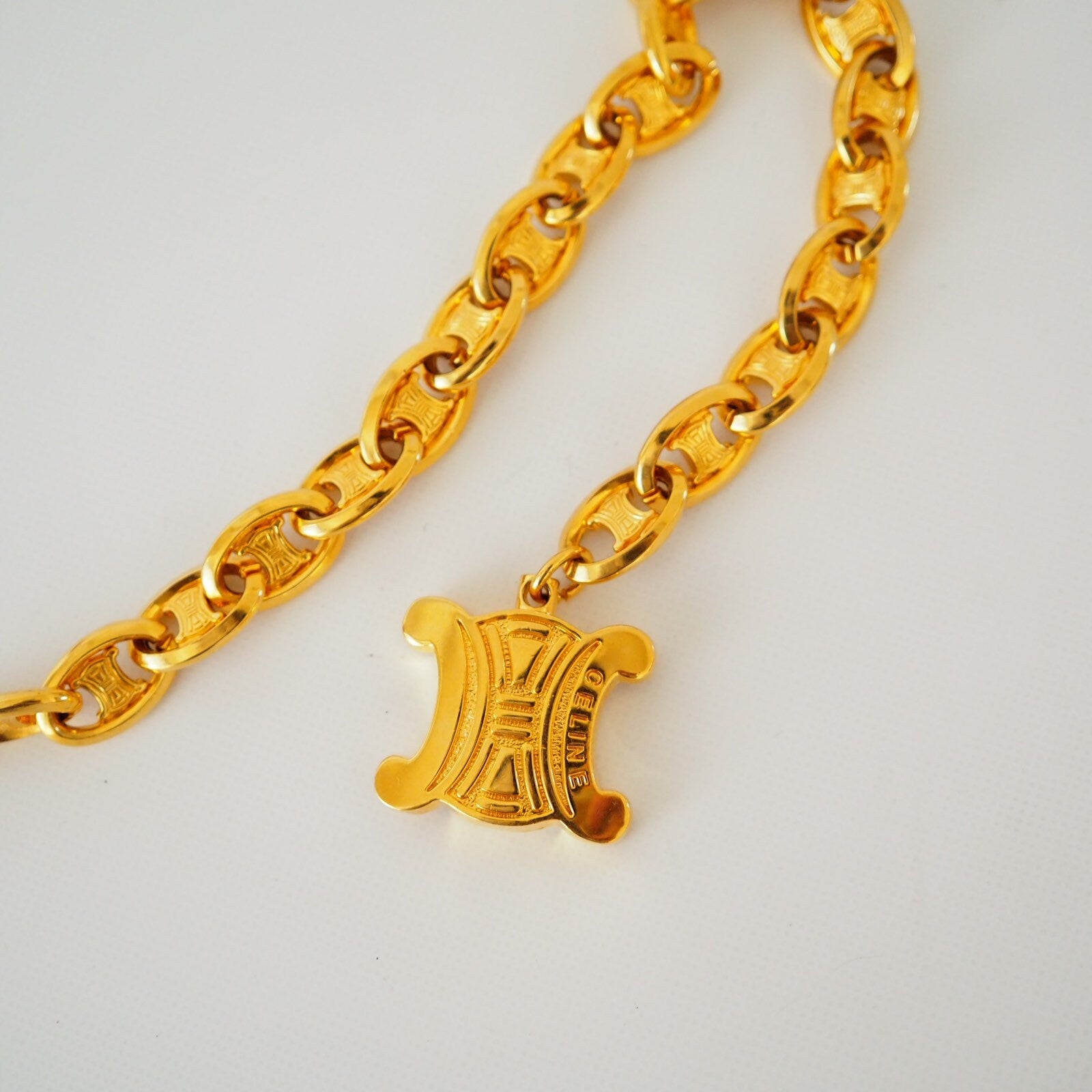 CELINE Vintage Gold Macadam Logo Chain Link Charm Waist Belt Authentic