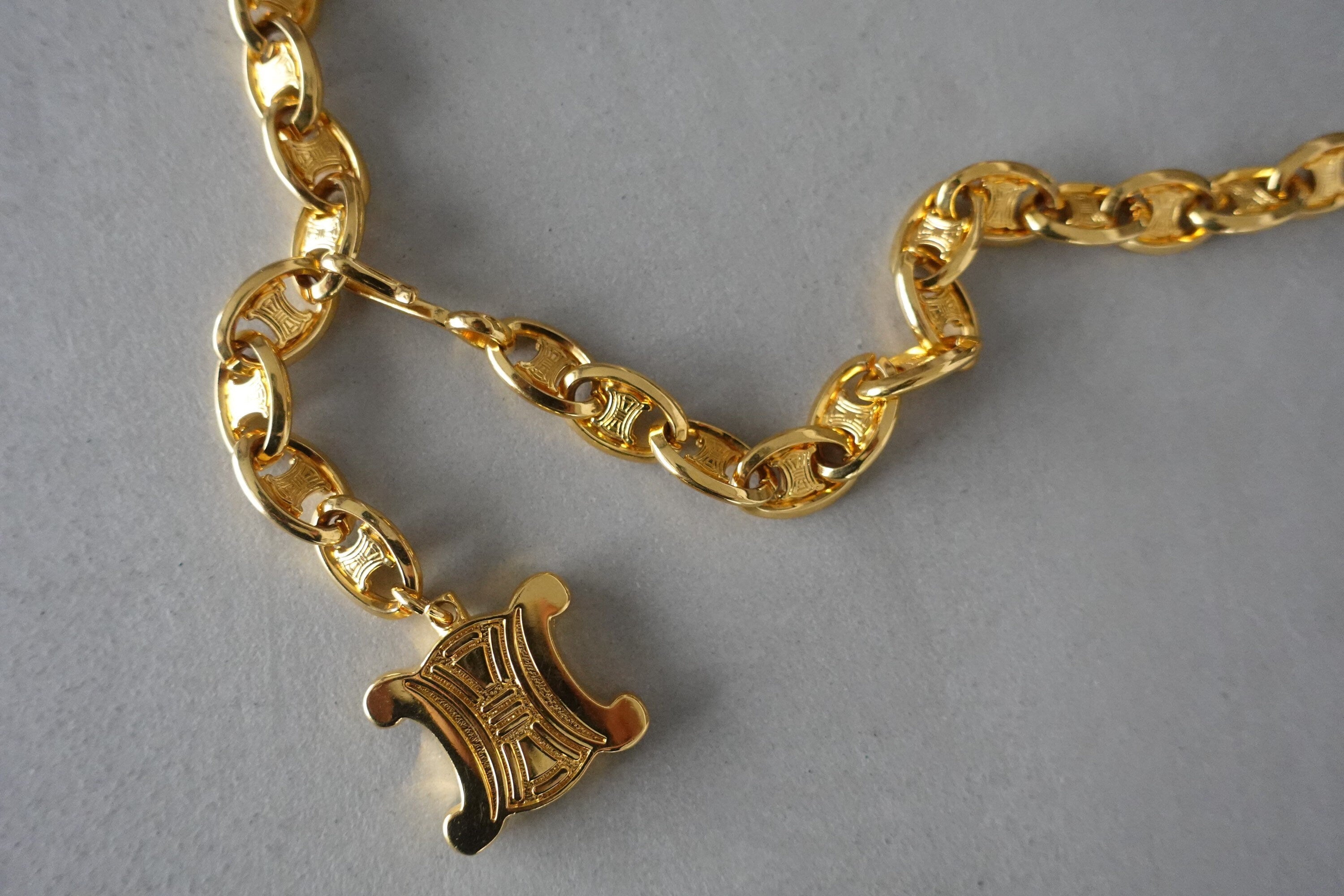 CELINE Vintage Gold Macadam Logo Chain Link Charm Waist Belt Authentic