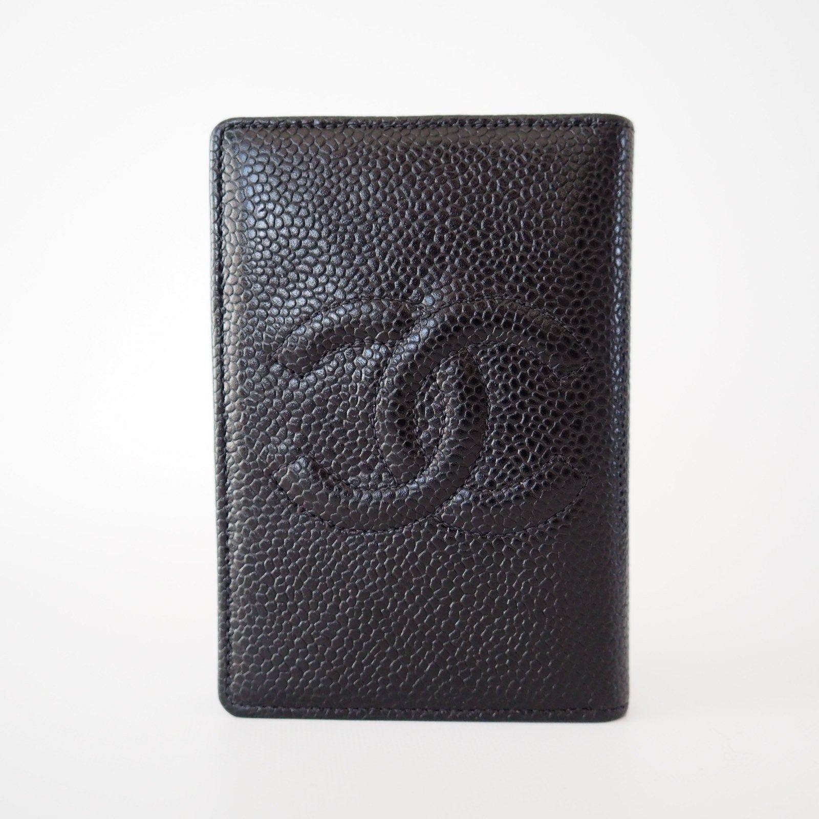 CHANEL Card Case Purse Caviar Skin CC Leather Black Authentic Vintage Box