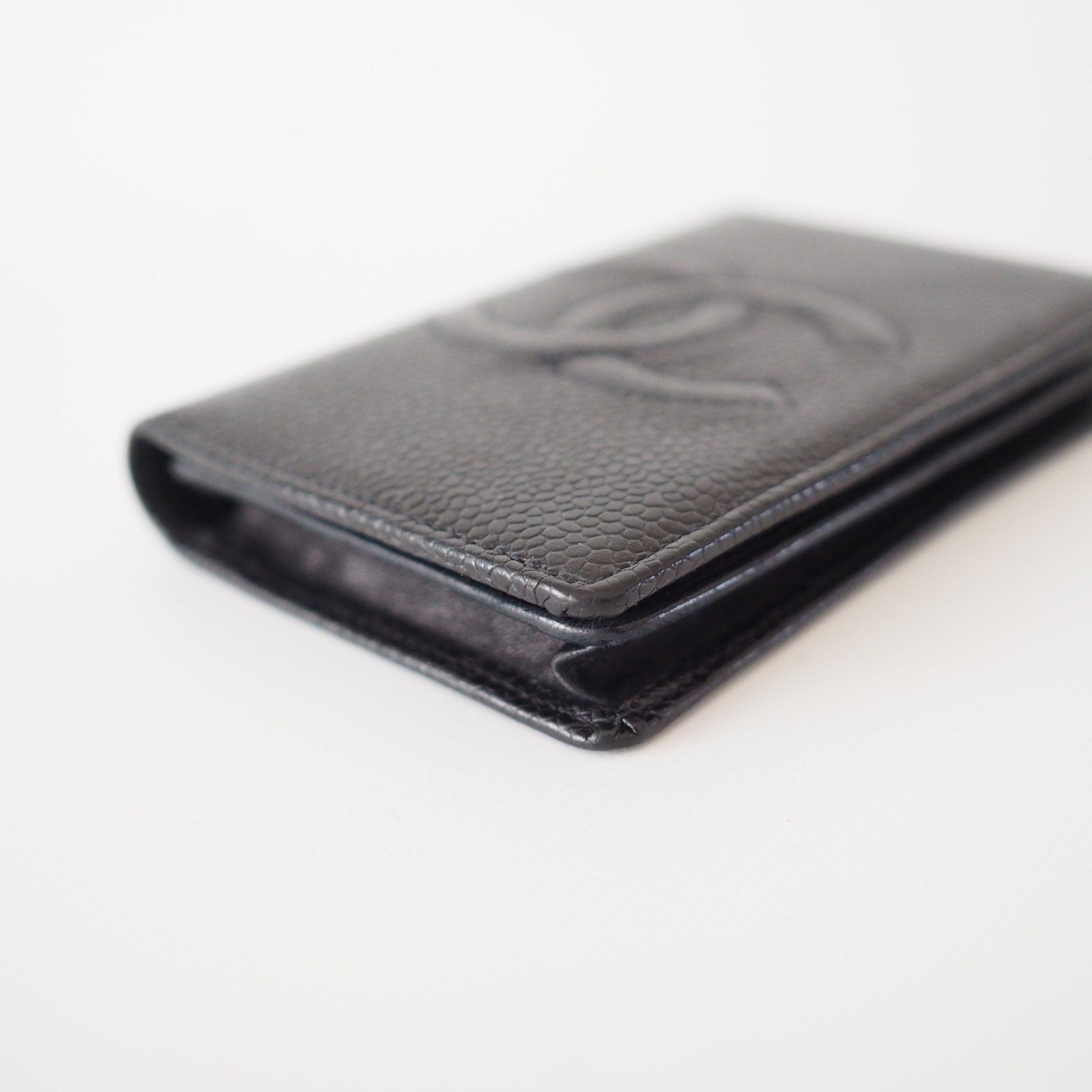 CHANEL Card Case Purse Caviar Skin CC Leather Black Authentic Vintage Box