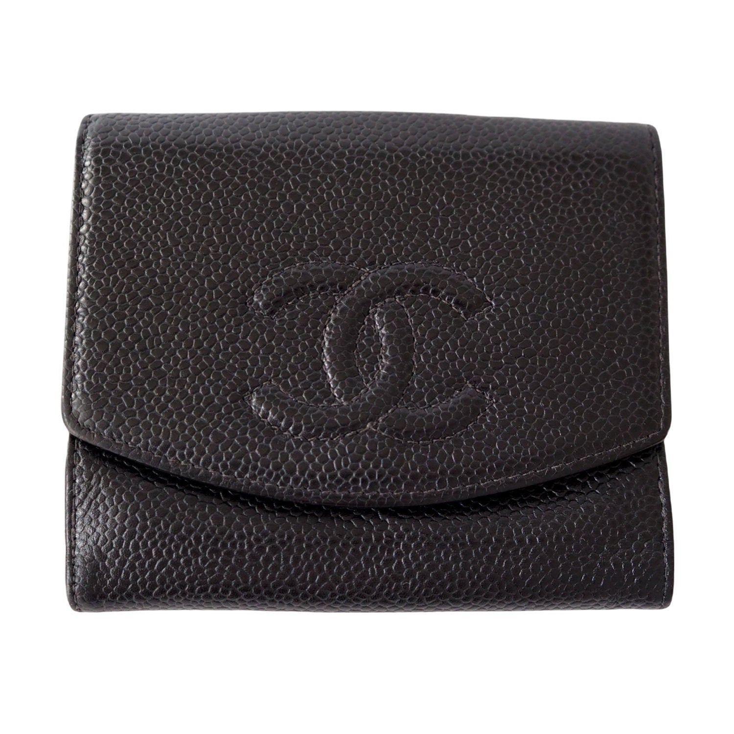 CHANEL Wallet Compact Purse Caviar Skin CC Leather Black Authentic Vintage Box