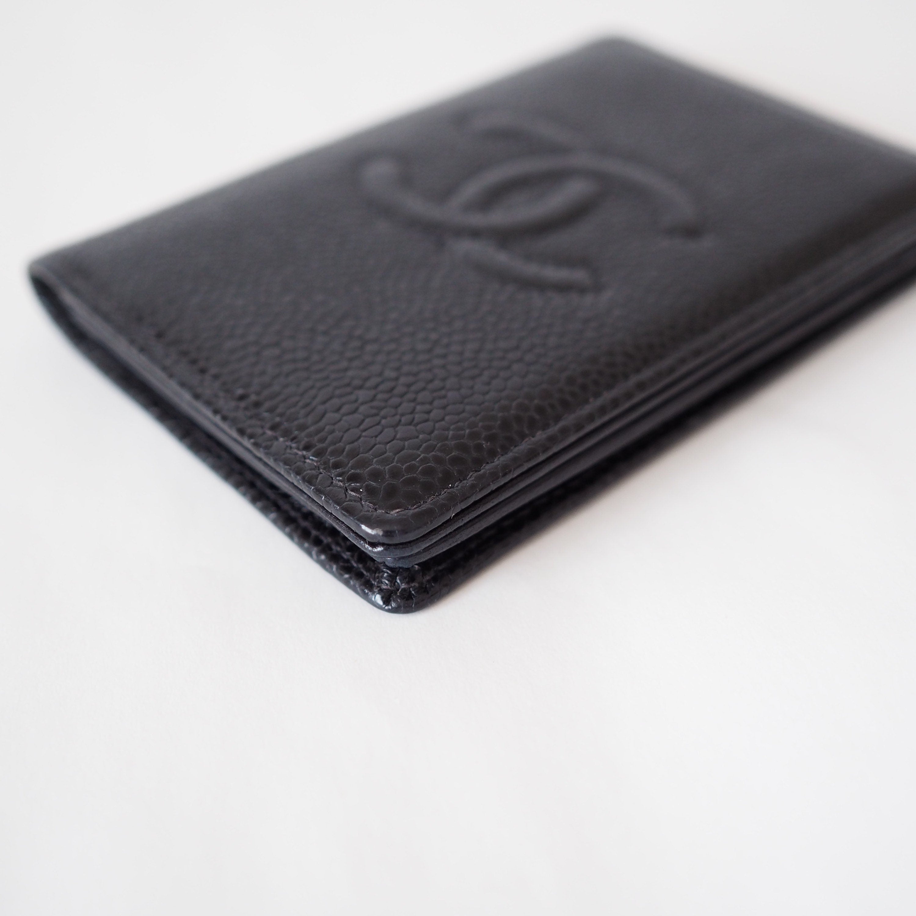 CHANEL Card Case Purse Caviar Skin CC Leather Black Authentic Vintage