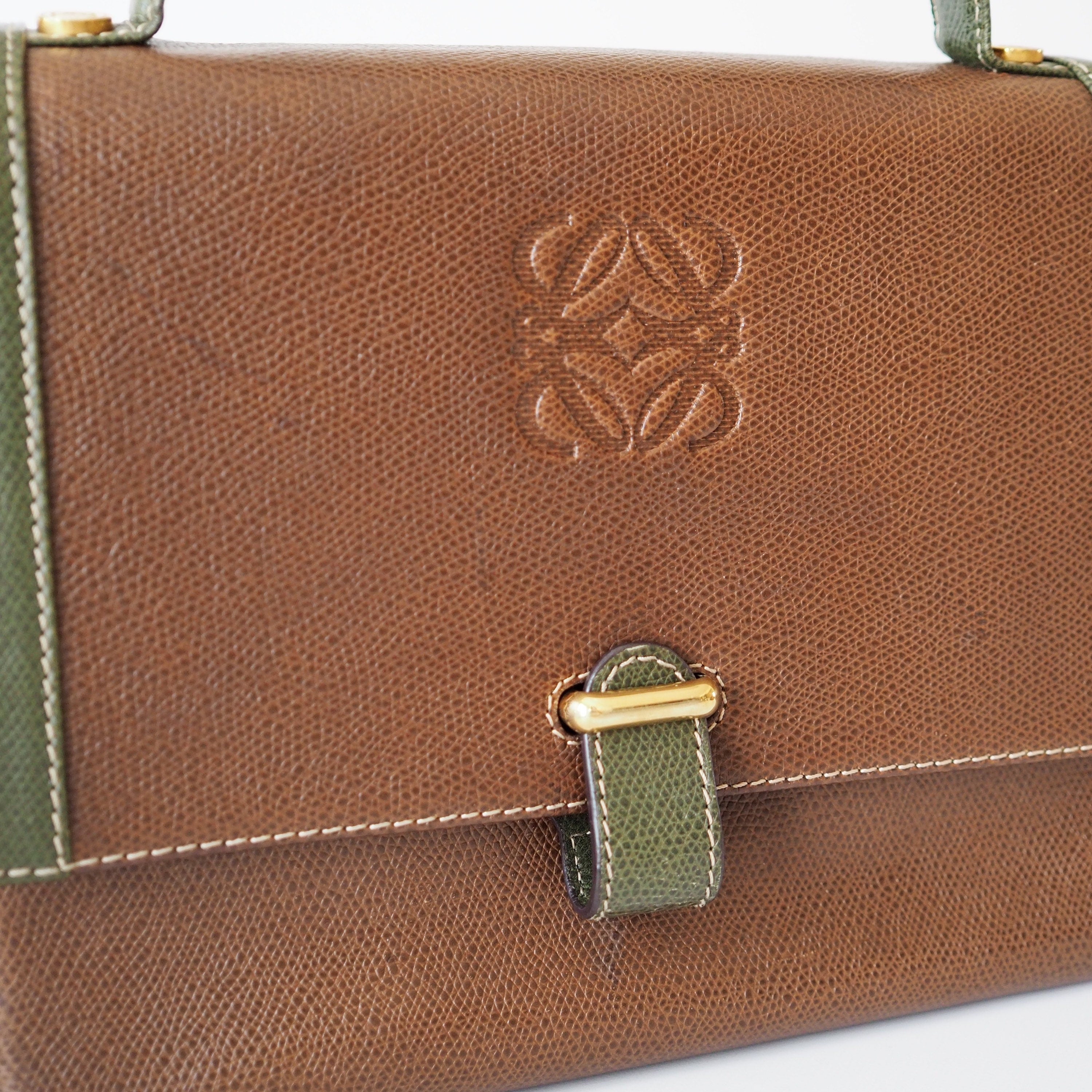 LOEWE Anagram 2way Hand Bag Green Brown Combi Leather Vintage Authentic