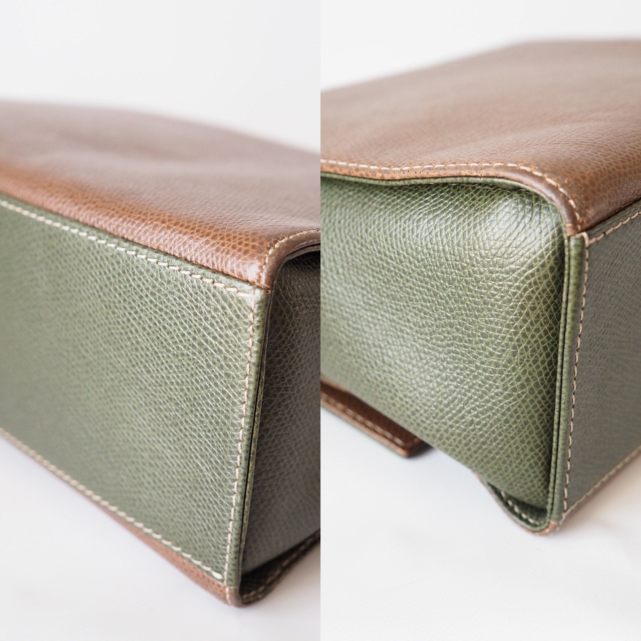 LOEWE Anagram 2way Hand Bag Green Brown Combi Leather Vintage Authentic