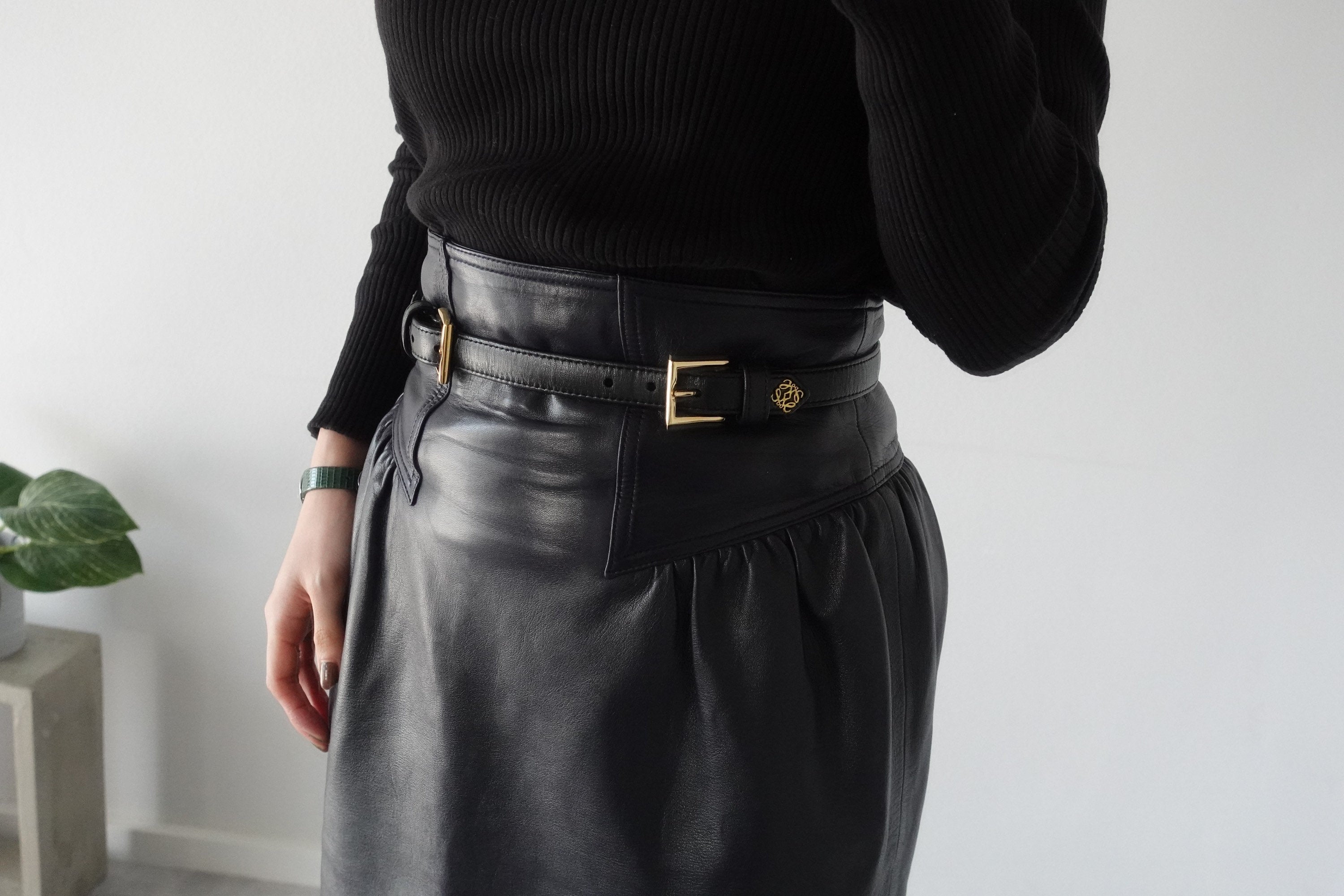 LOEWE Anagram Logo Belt Double buckle Leather Black Vintage Authentic