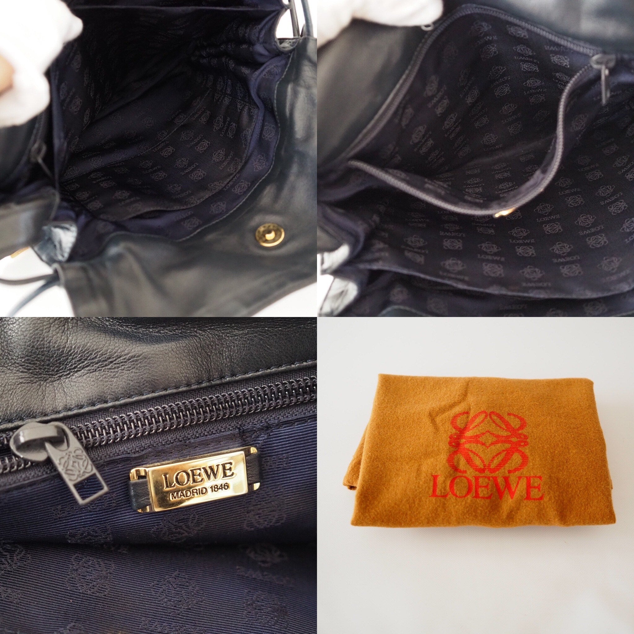 LOEWE Flamenco Anagram Shoulder bag Navy Leather Vintage Authentic