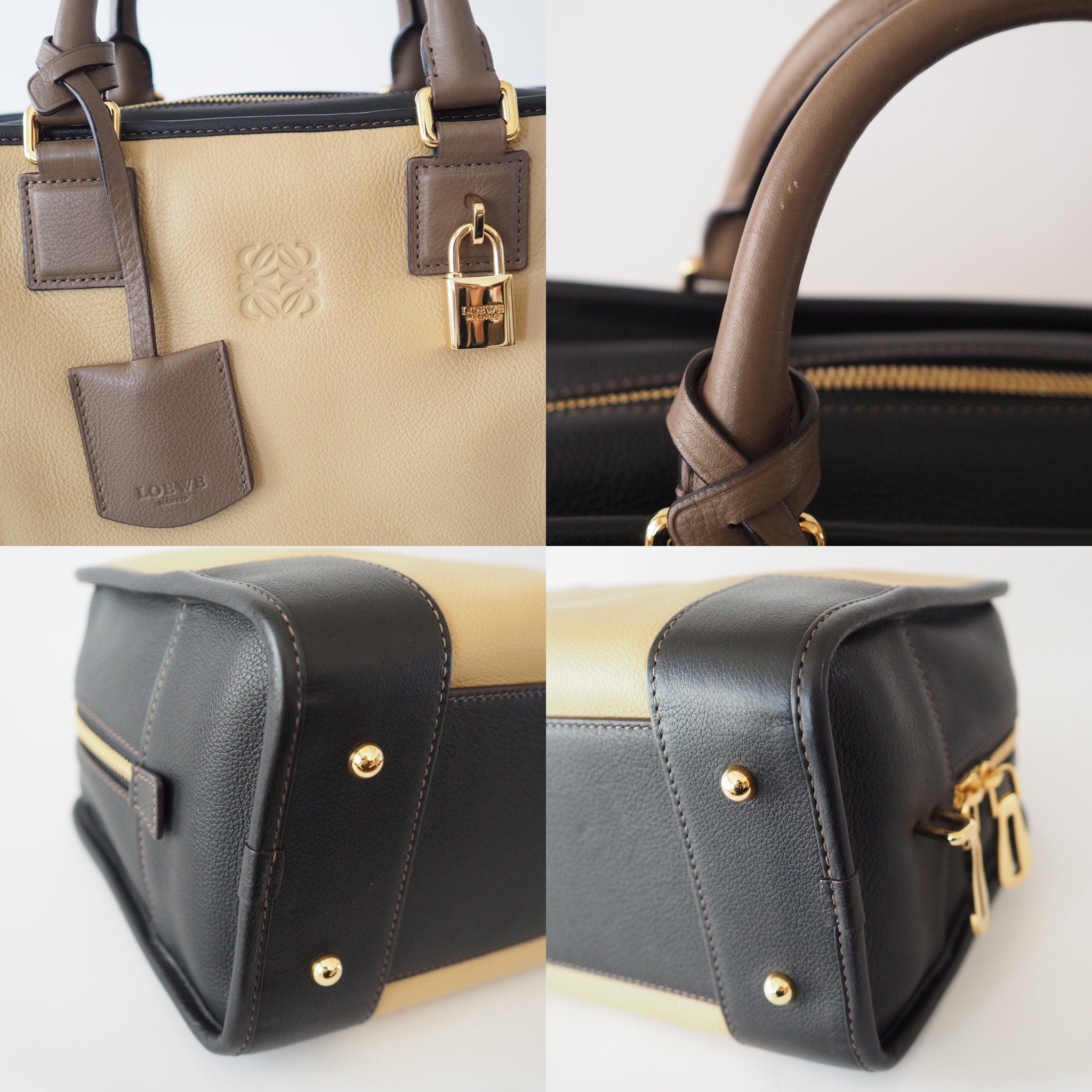 LOEWE Amazona 28 Anagram Hand Mini Boston Bag Leather Beige Brown Authentic