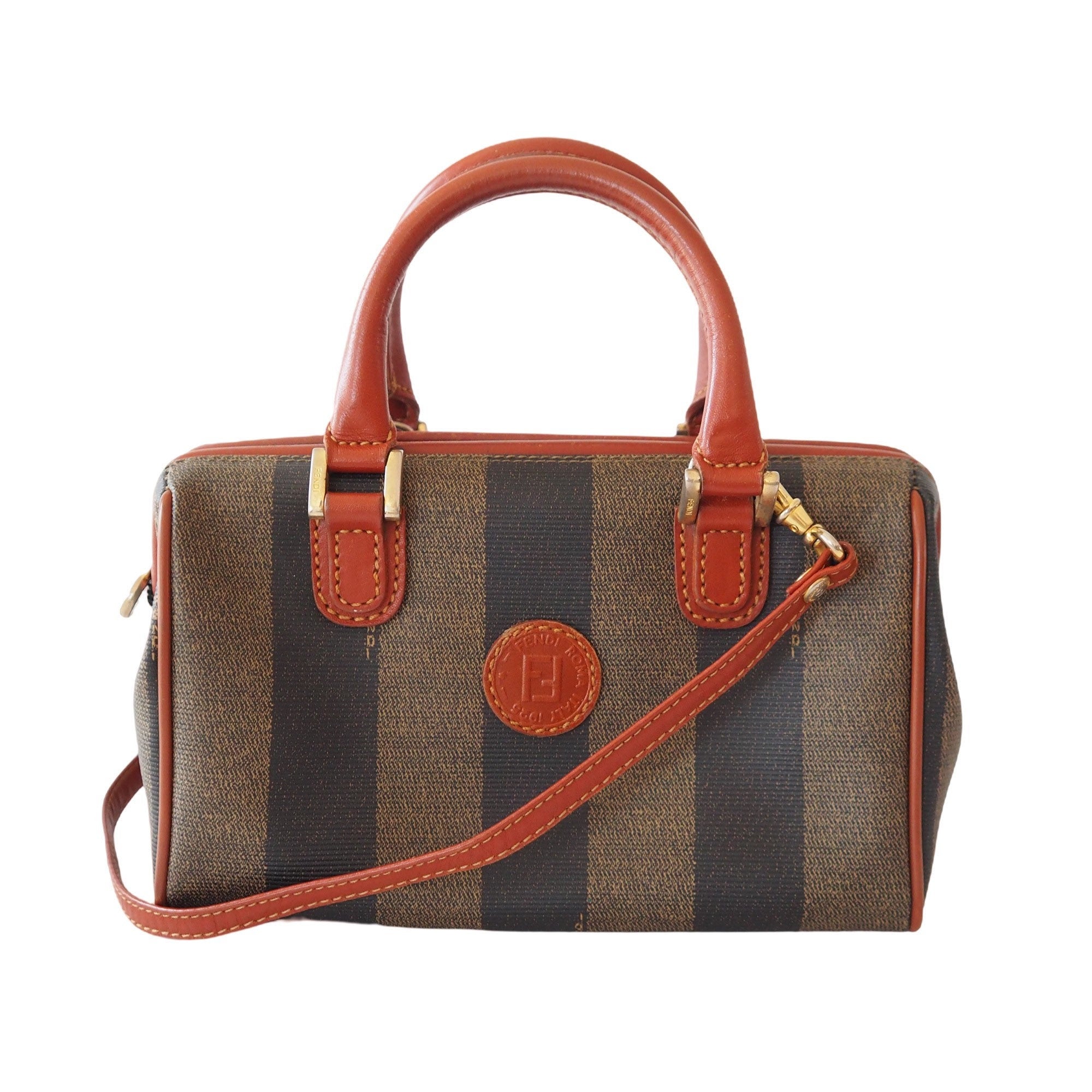 FENDI Pequin 2way Shoulder Mini Boston Hand Bag Brown PVC Leather Vintage Auth