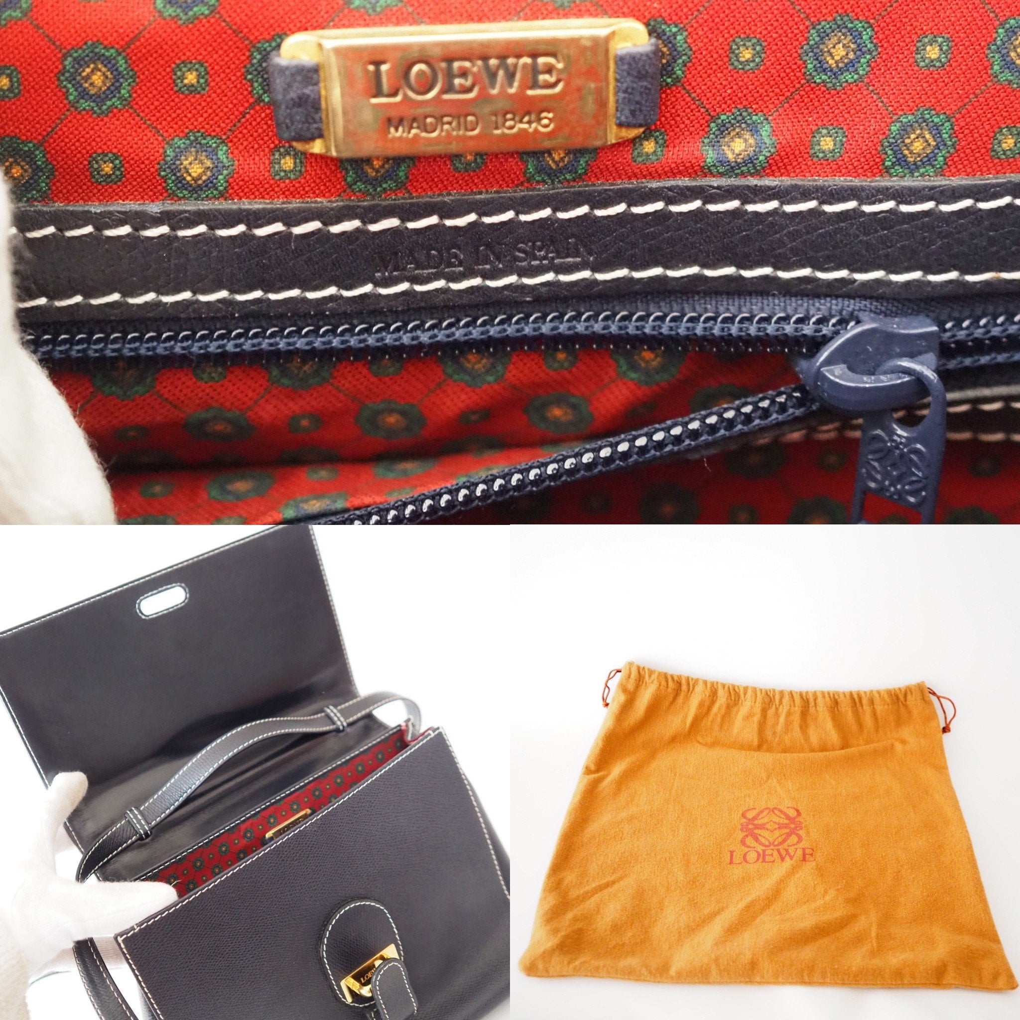 LOEWE Anagram 2way Hand Shoulder Bag Navy Leather Vintage Authentic