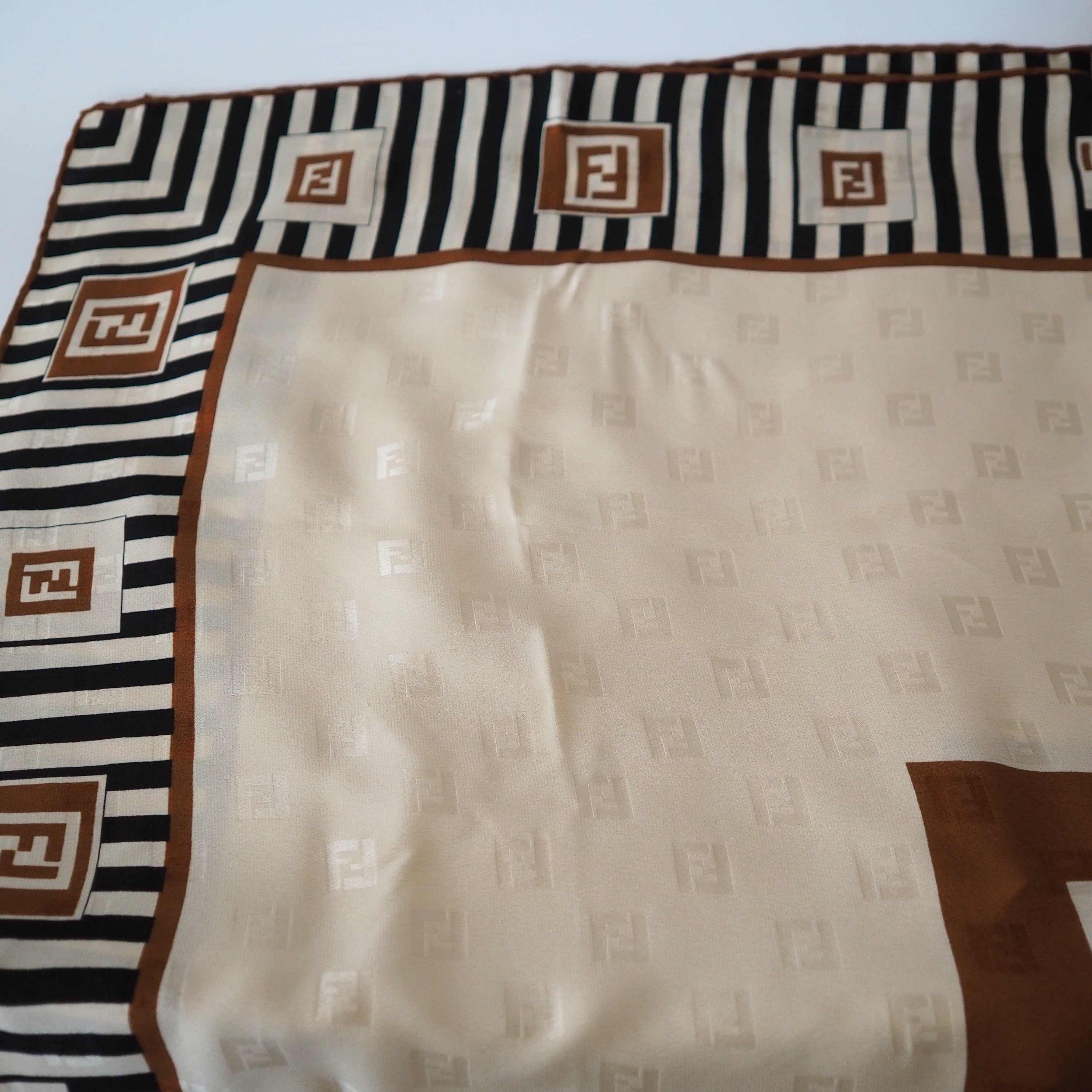 FENDI Zucca Stripe Logo Scarf Silk 100% Brown Beige Authentic