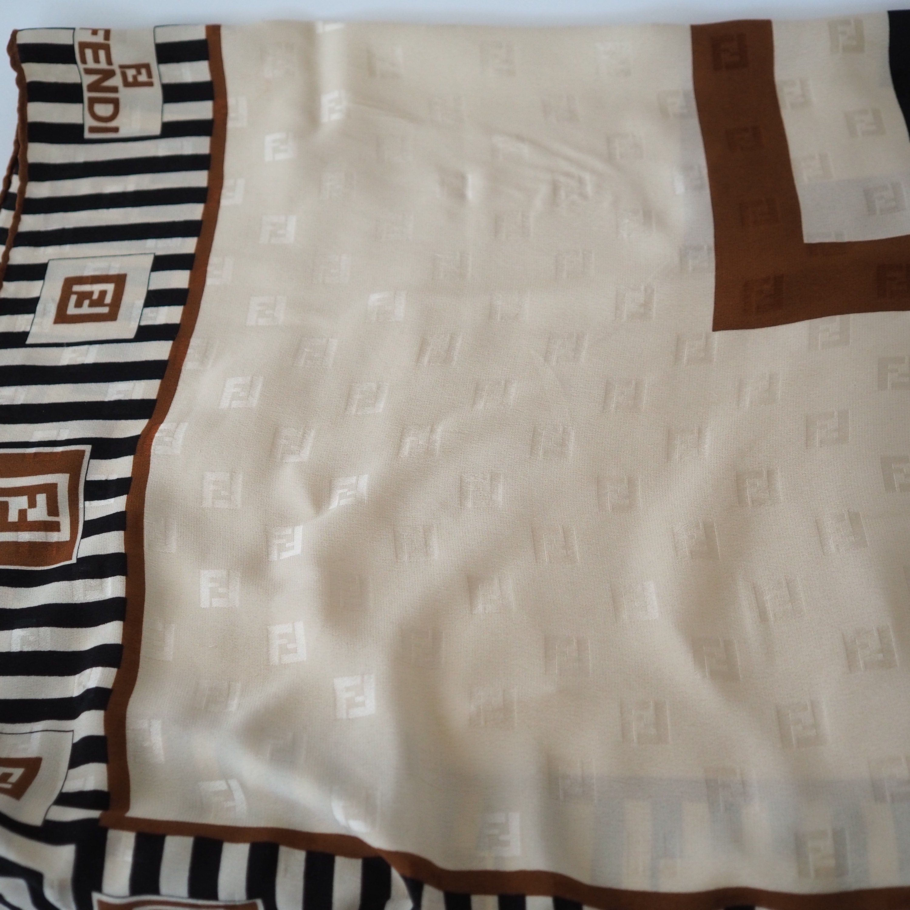 FENDI Zucca Stripe Logo Scarf Silk 100% Brown Beige Authentic