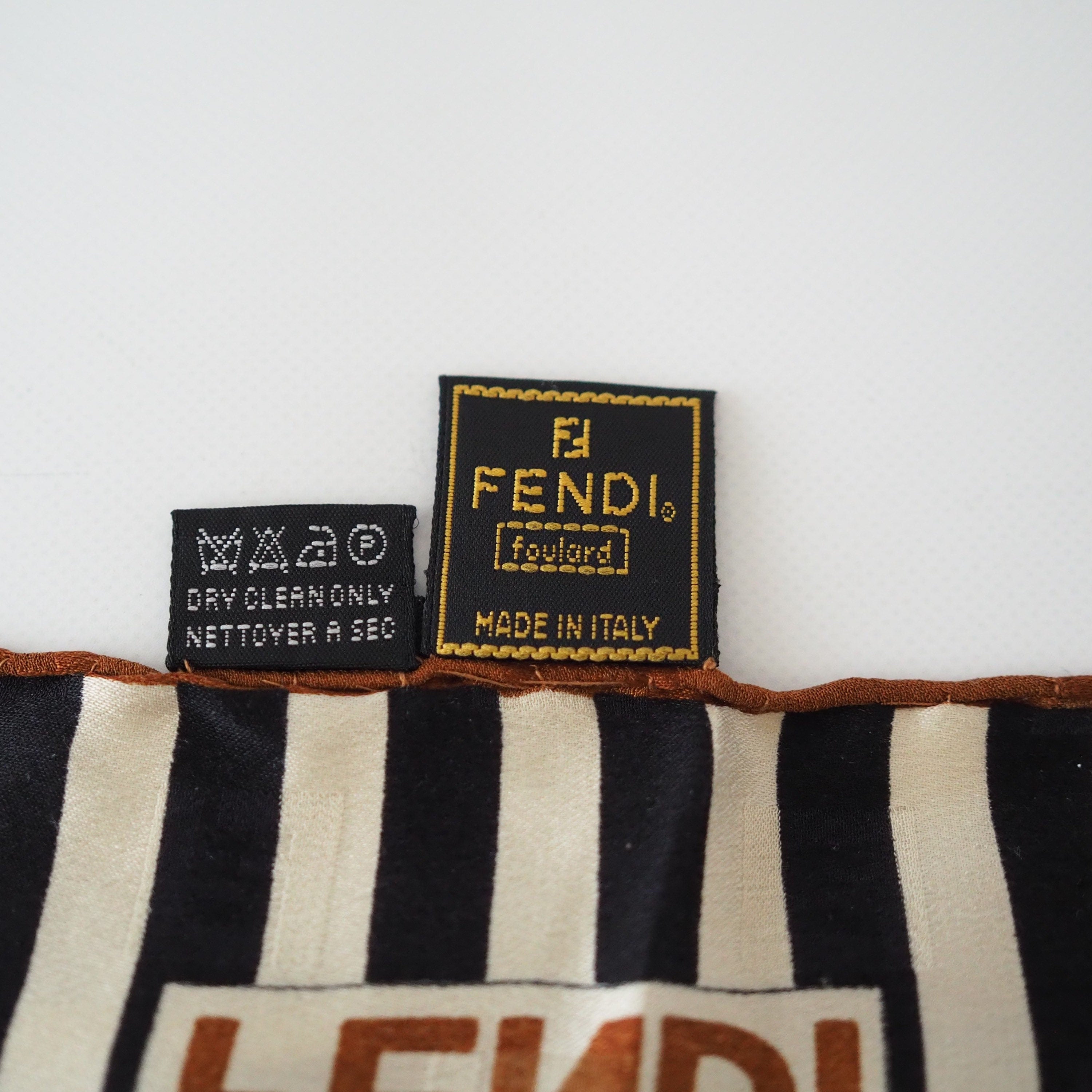 FENDI Zucca Stripe Logo Scarf Silk 100% Brown Beige Authentic