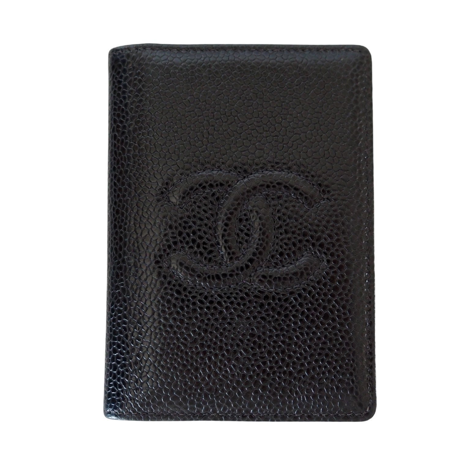 CHANEL Card Case Purse Caviar Skin CC Leather Black Authentic Vintage