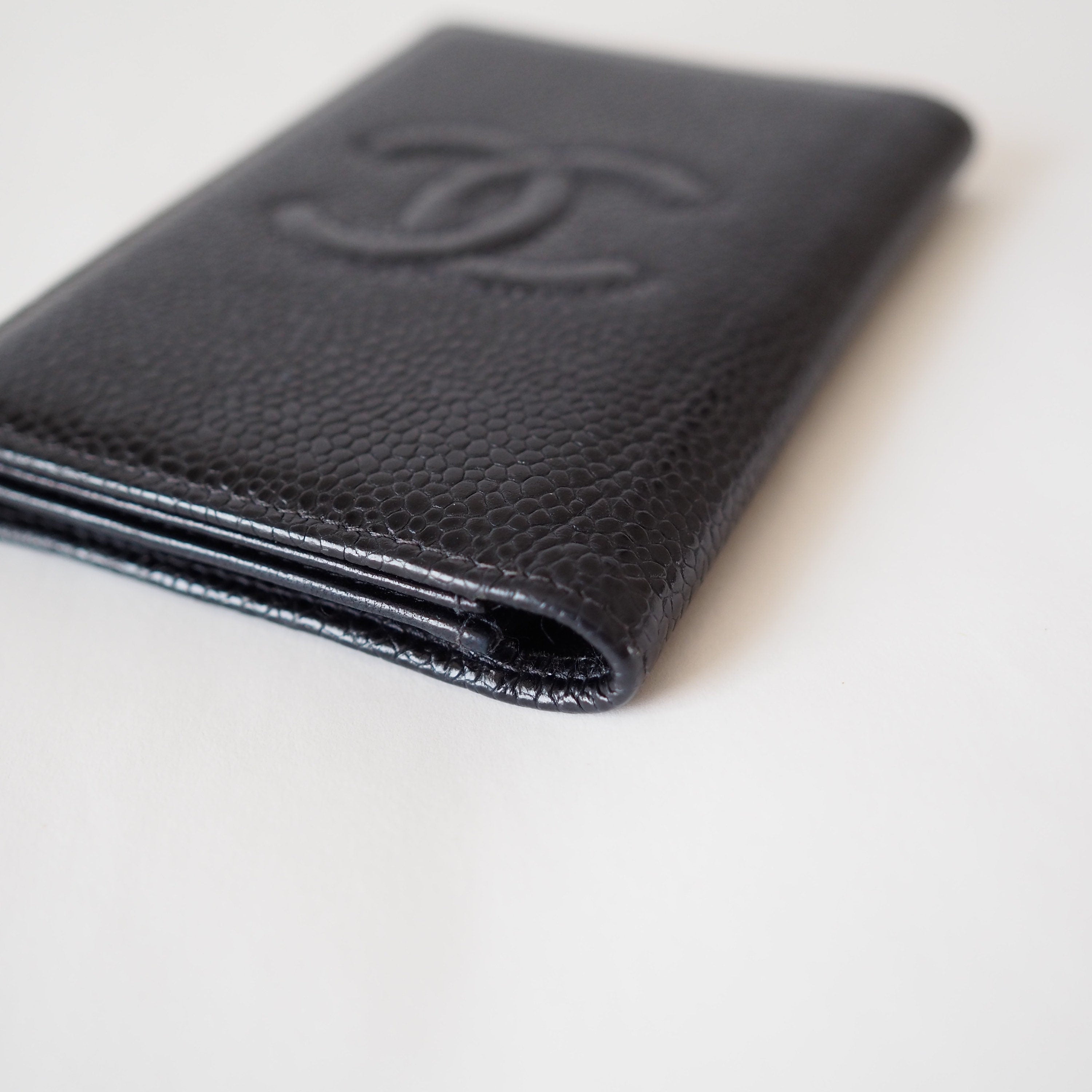 CHANEL Card Case Purse Caviar Skin CC Leather Black Authentic Vintage