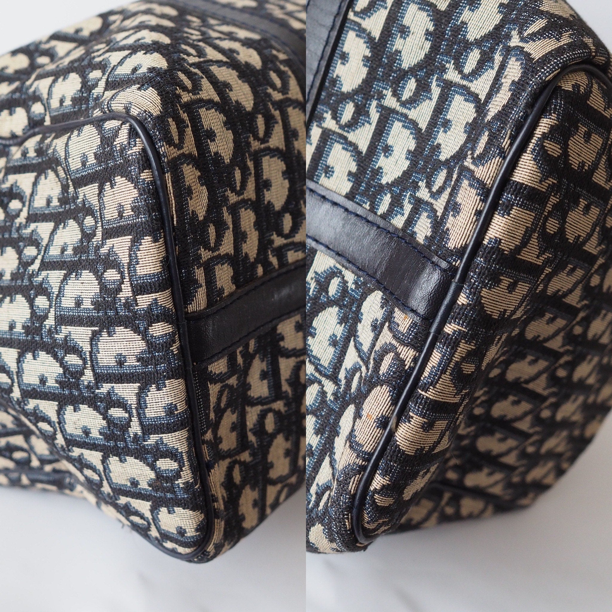 Christian Dior Trotter Boston Hand Bag Navy Canvas Vintage Authentic