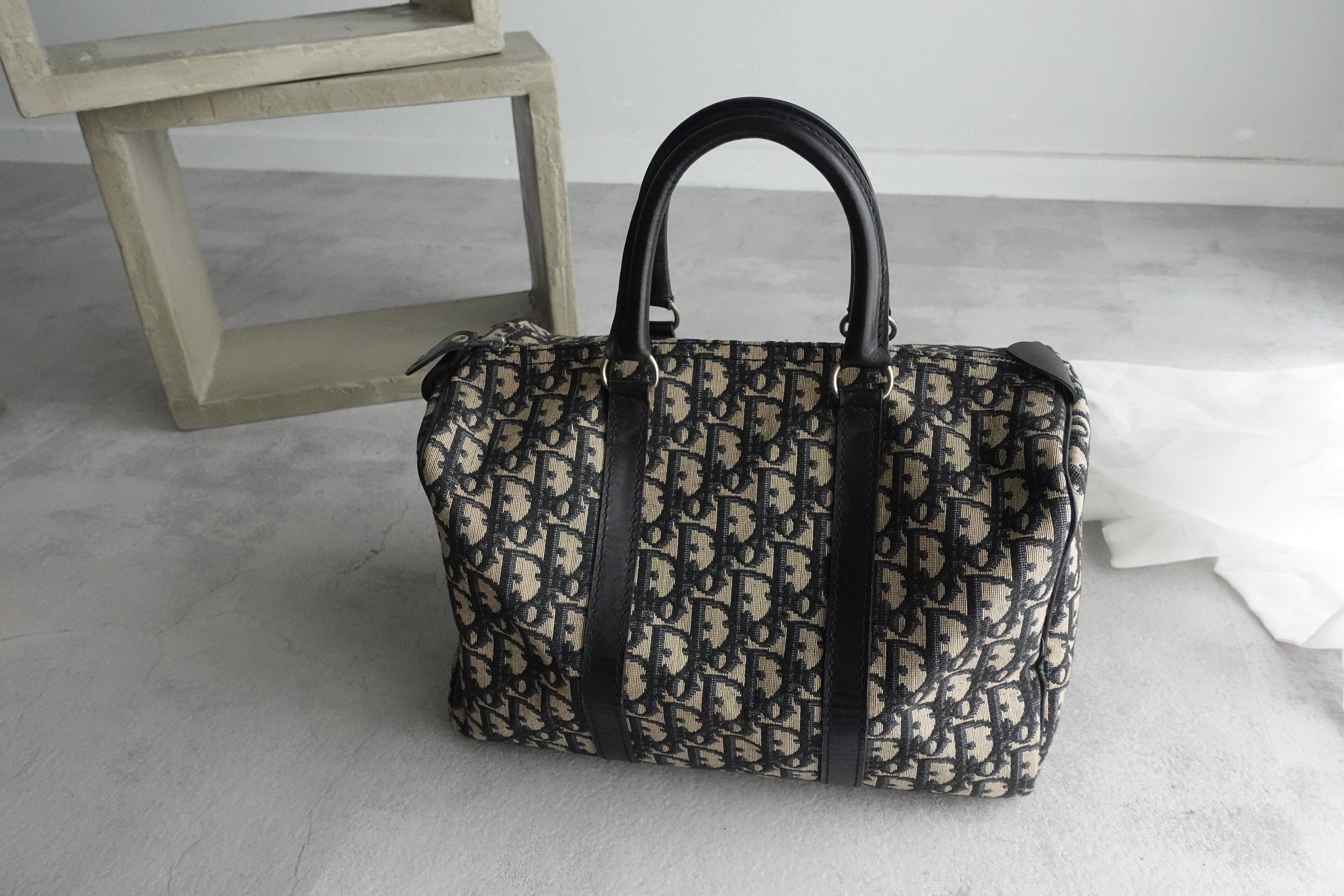 Christian Dior Trotter Boston Hand Bag Navy Canvas Vintage Authentic