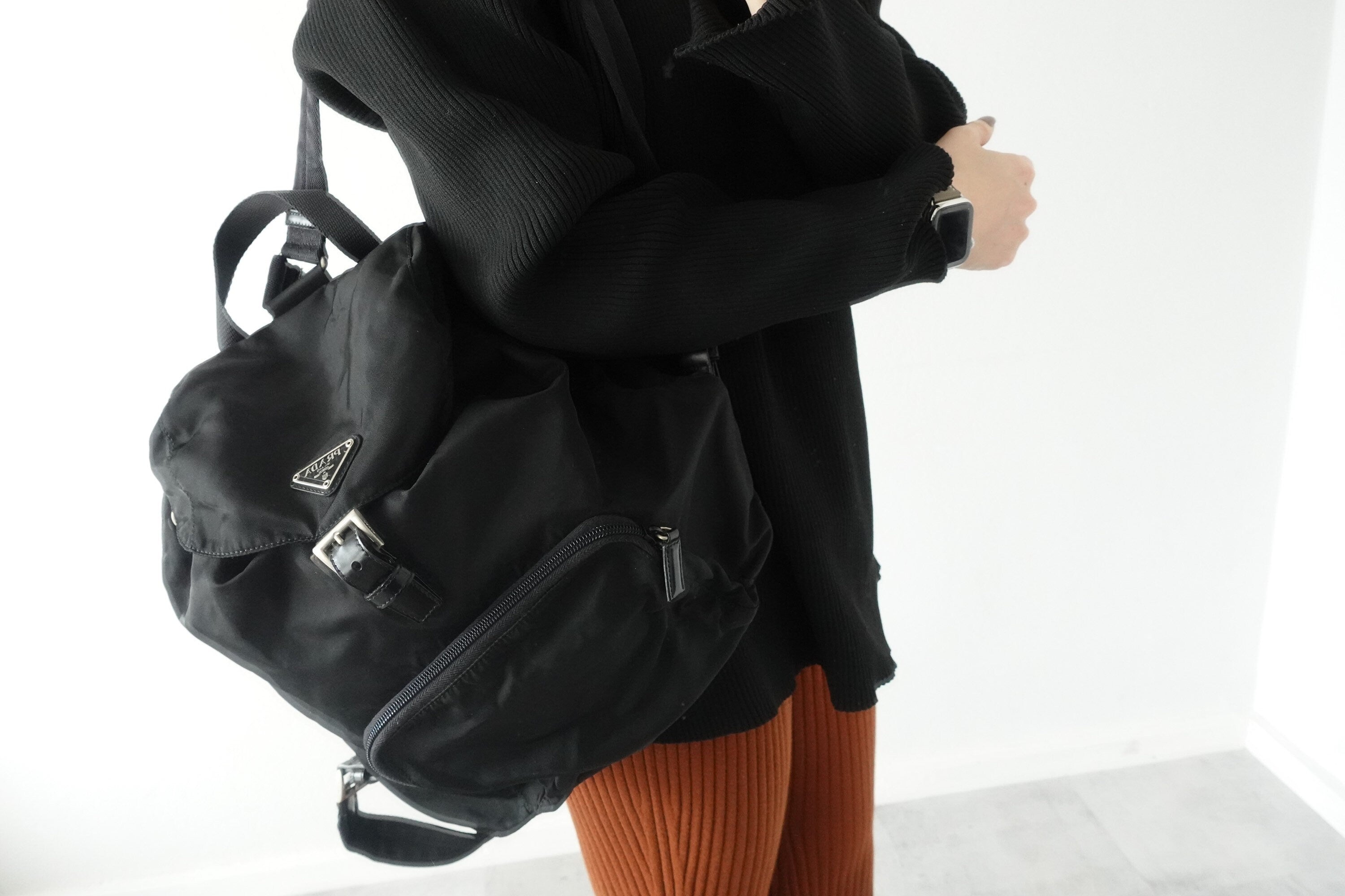 PRADA Nylon Leather Backpack Bag Black Logo Purse Authentic