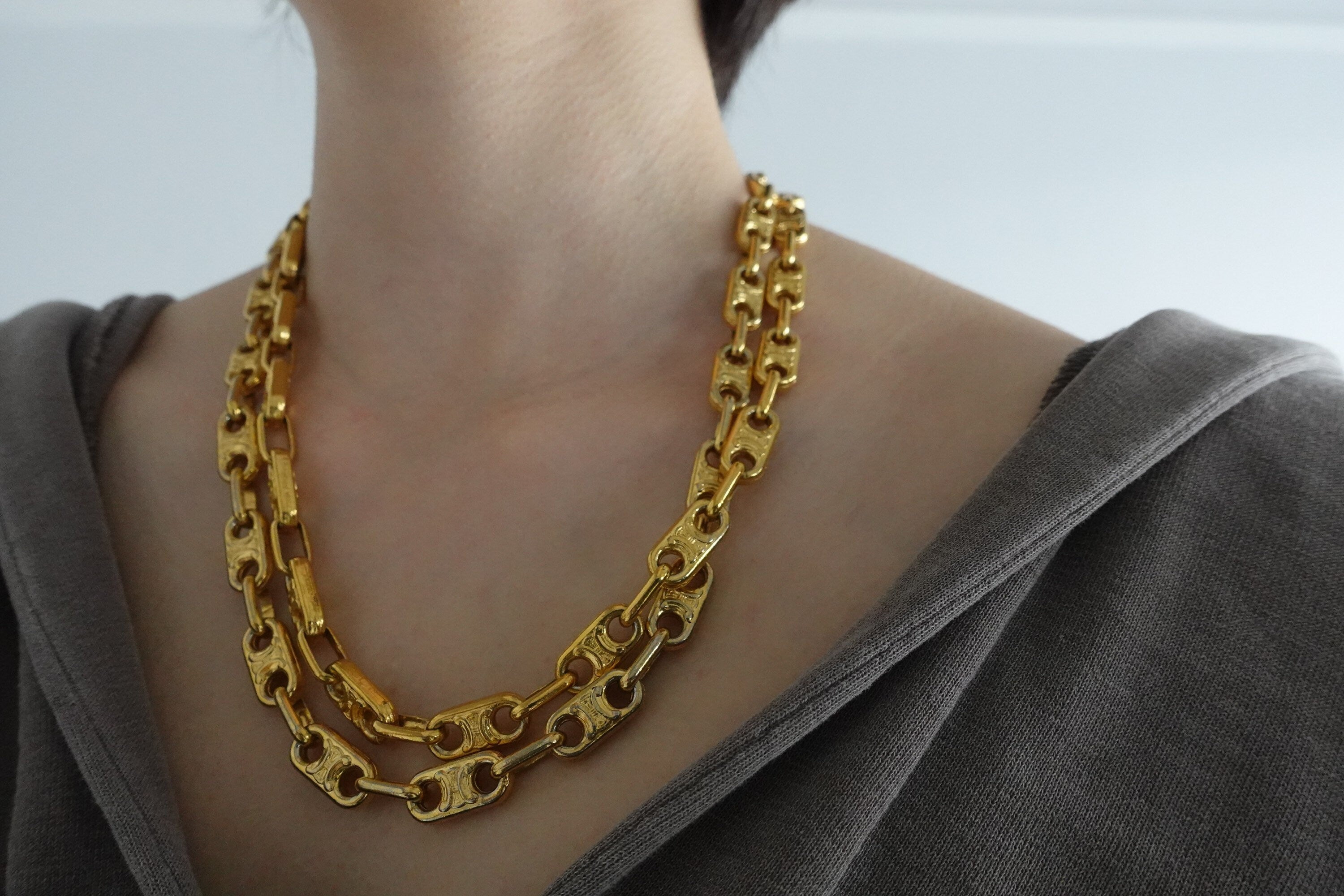 CELINE Macadam Necklace Vintage Metal Gold Authentic