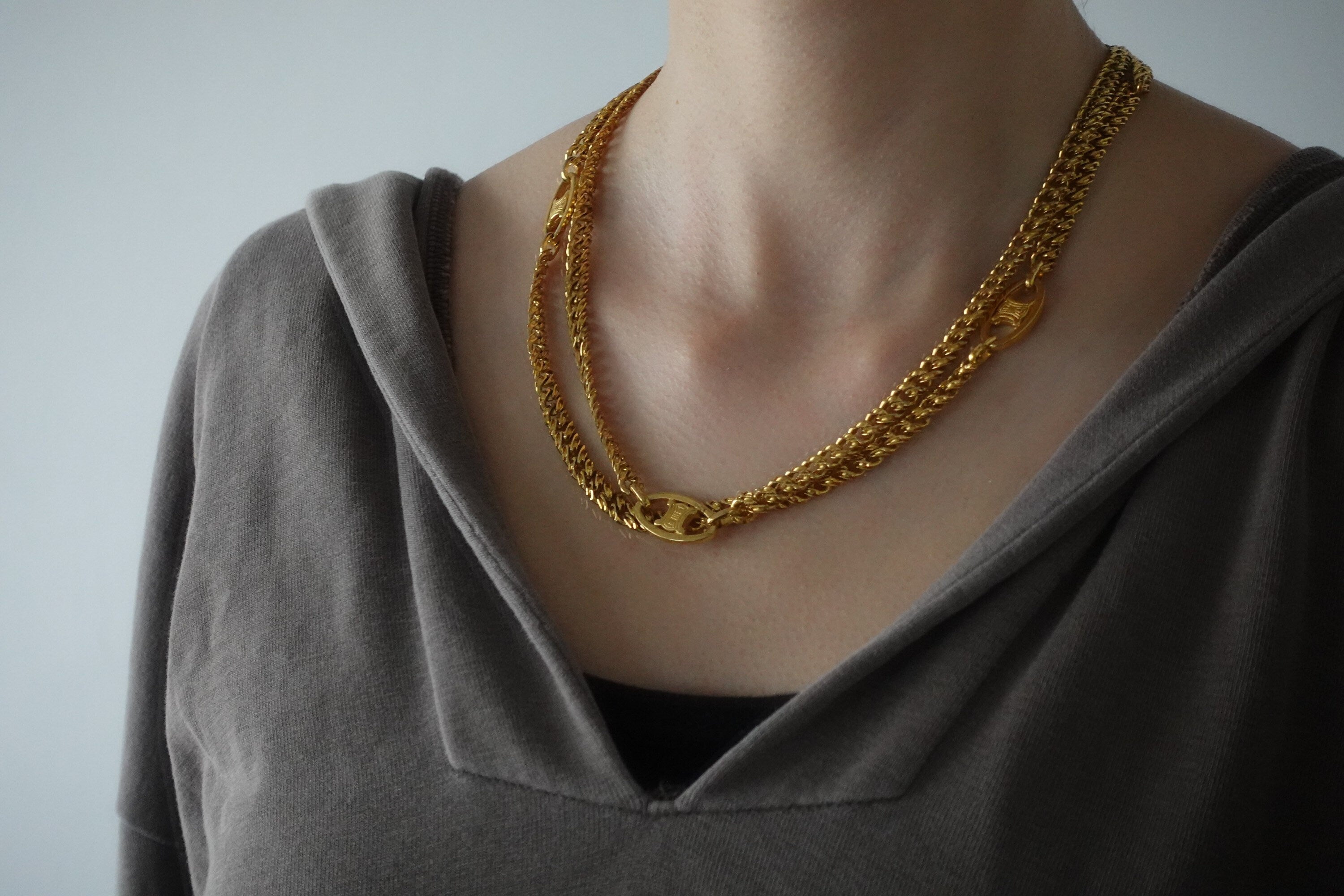 CELINE Macadam Necklace Vintage Metal Gold Authentic