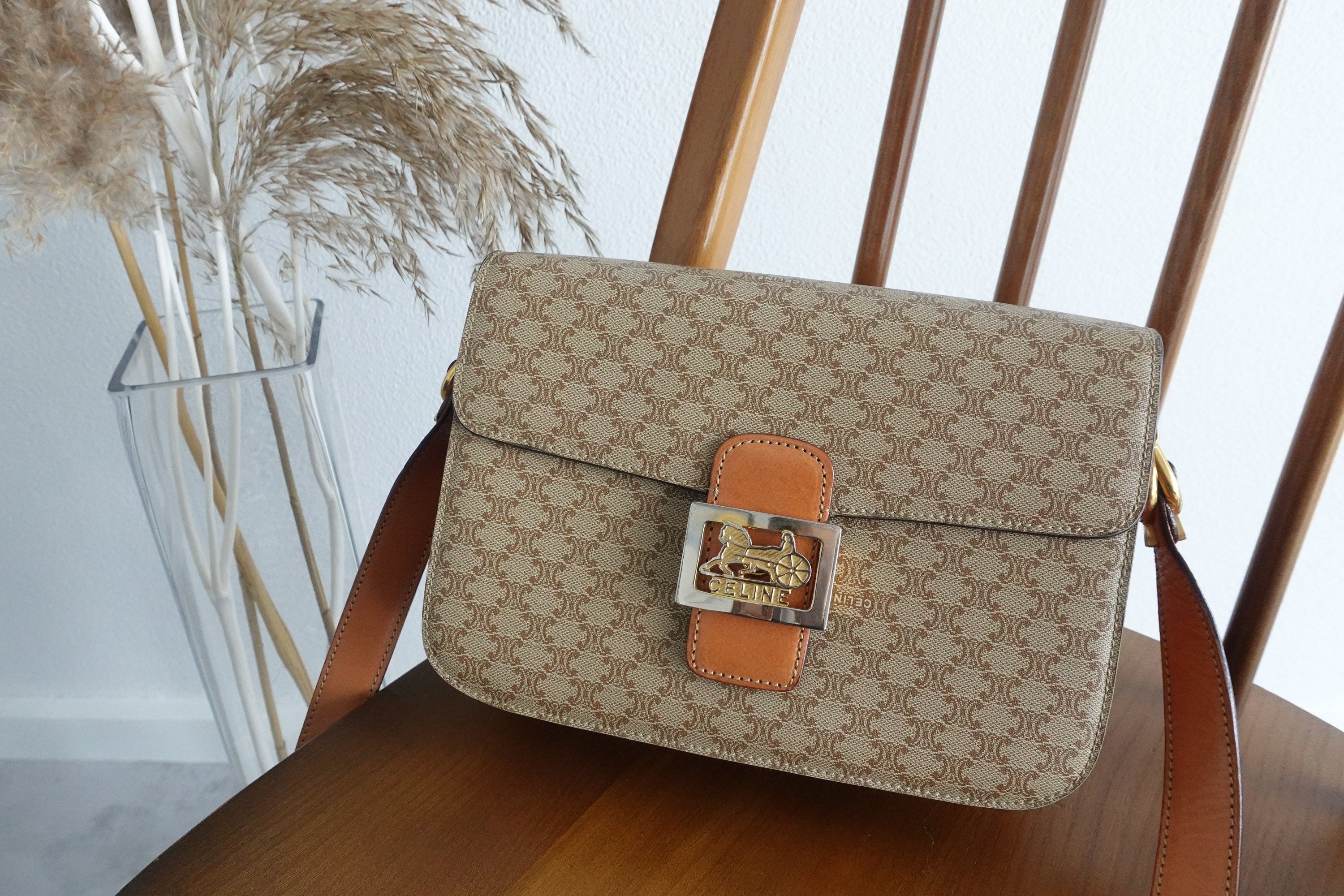 CELINE Macadam Carriage hardware Shoulder Bag Brown Authentic