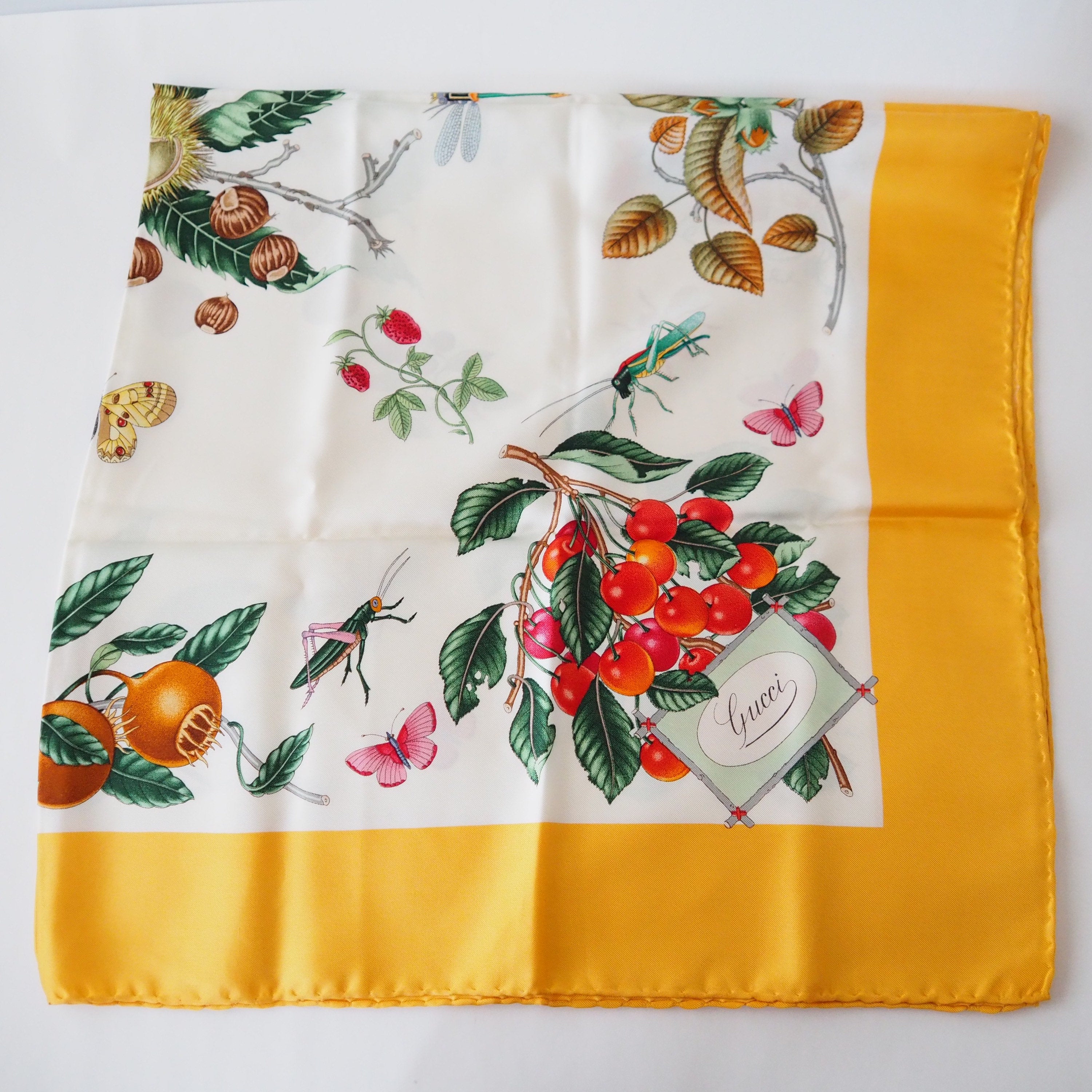 GUCCI Scarf Silk Yellow Fruits Authentic