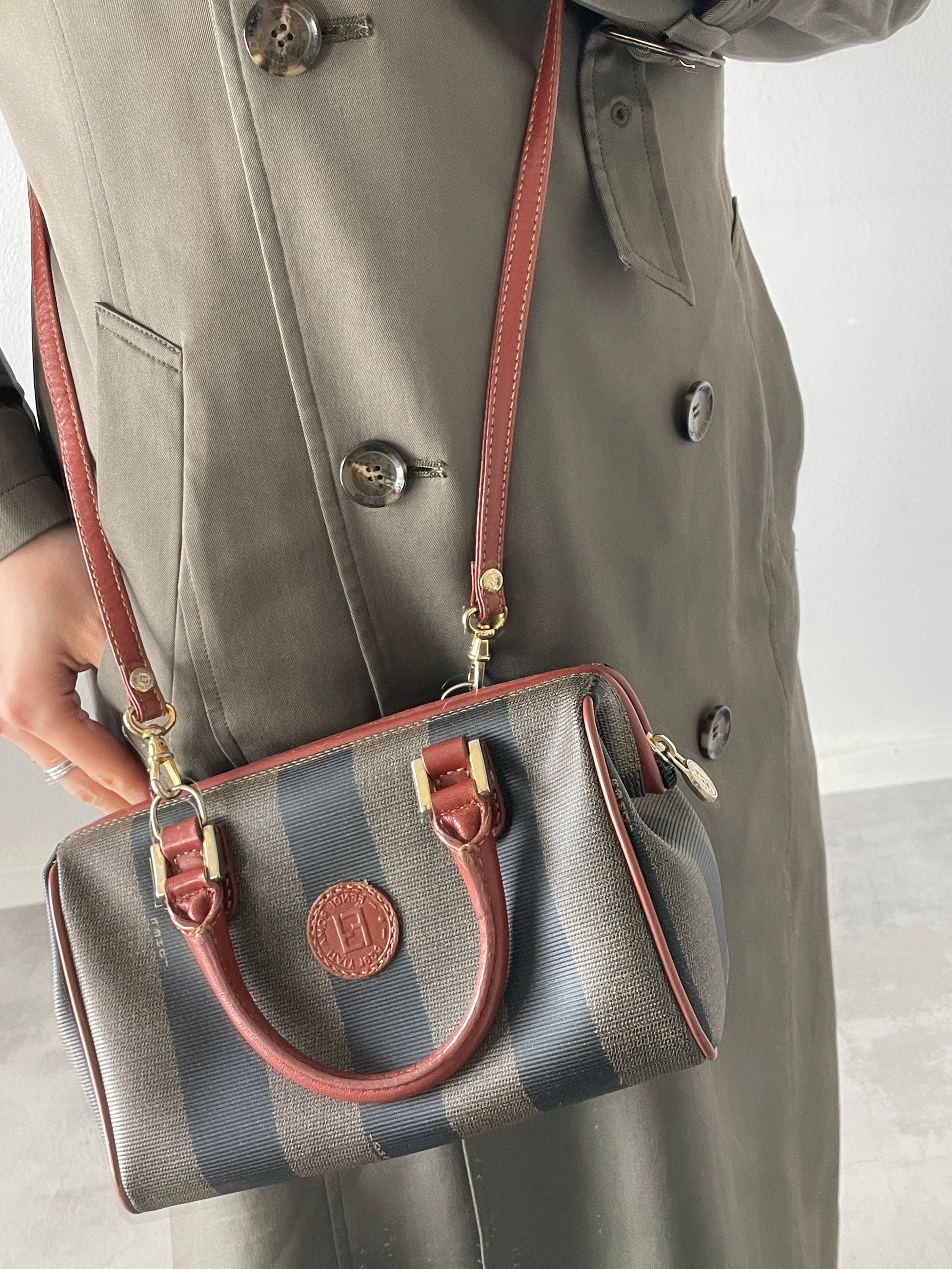 FENDI Pequin 2way Shoulder Mini Boston Hand Bag Brown PVC Leather Vintage Auth