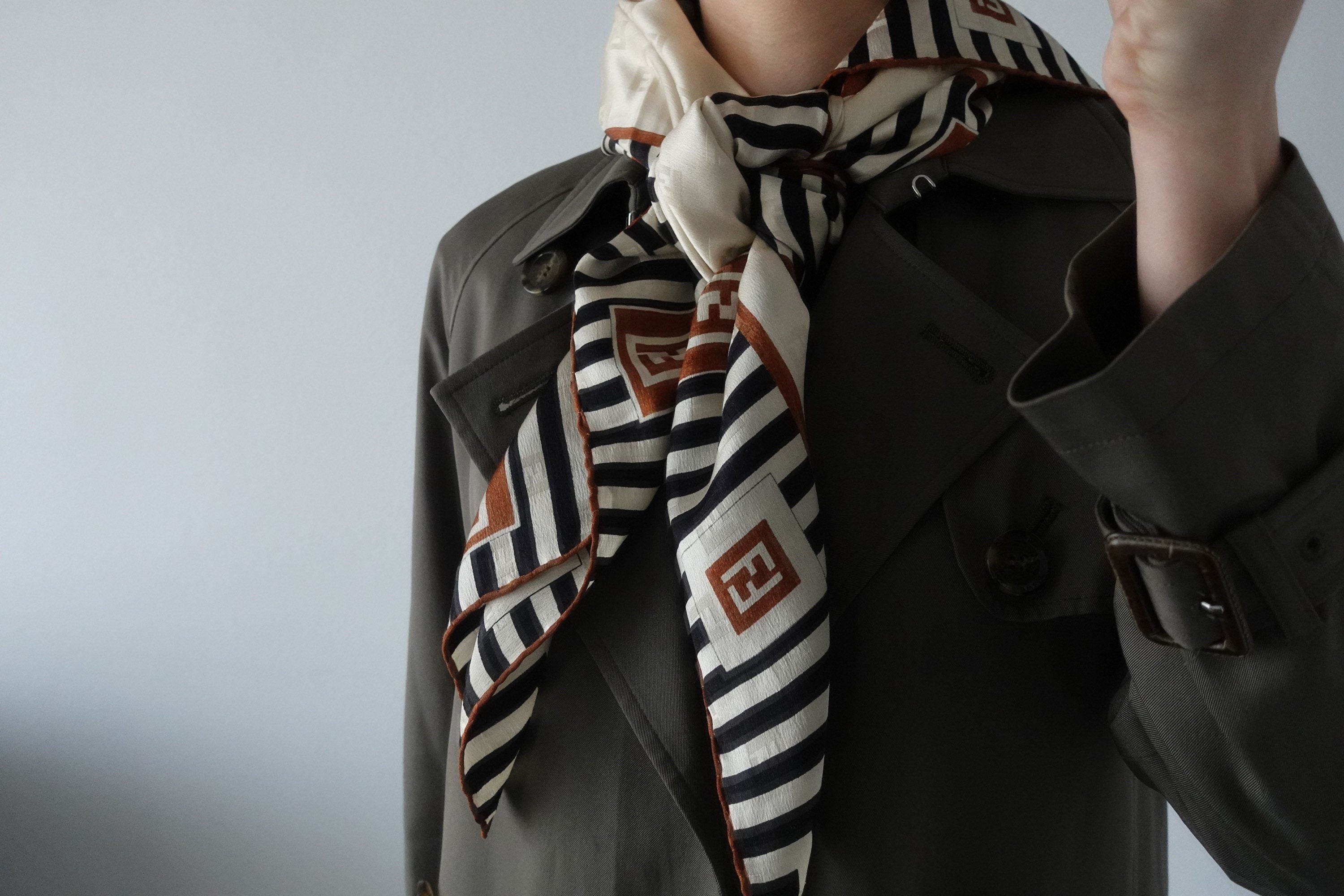 FENDI Zucca Stripe Logo Scarf Silk 100% Brown Beige Authentic