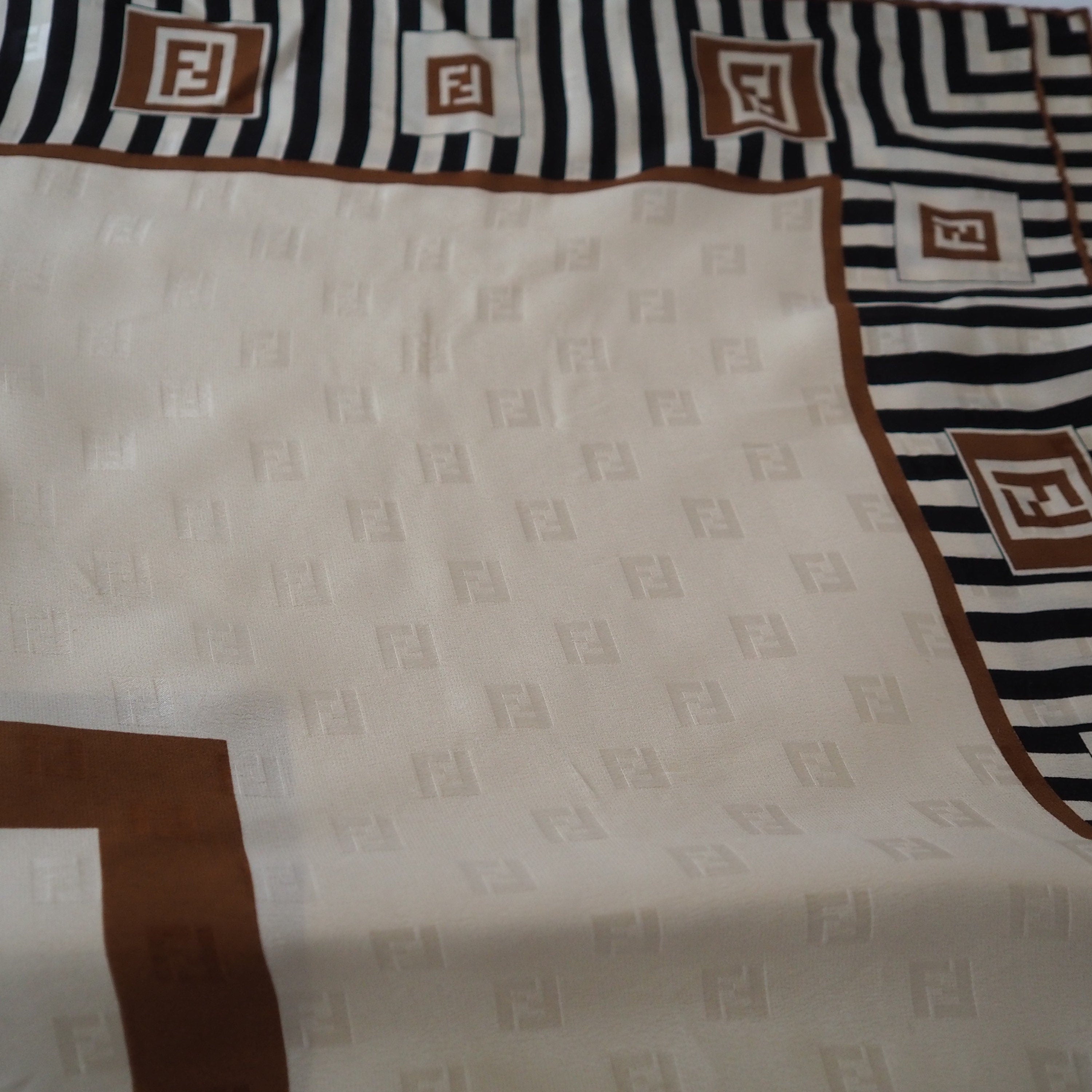 FENDI Zucca Stripe Logo Scarf Silk 100% Brown Beige Authentic