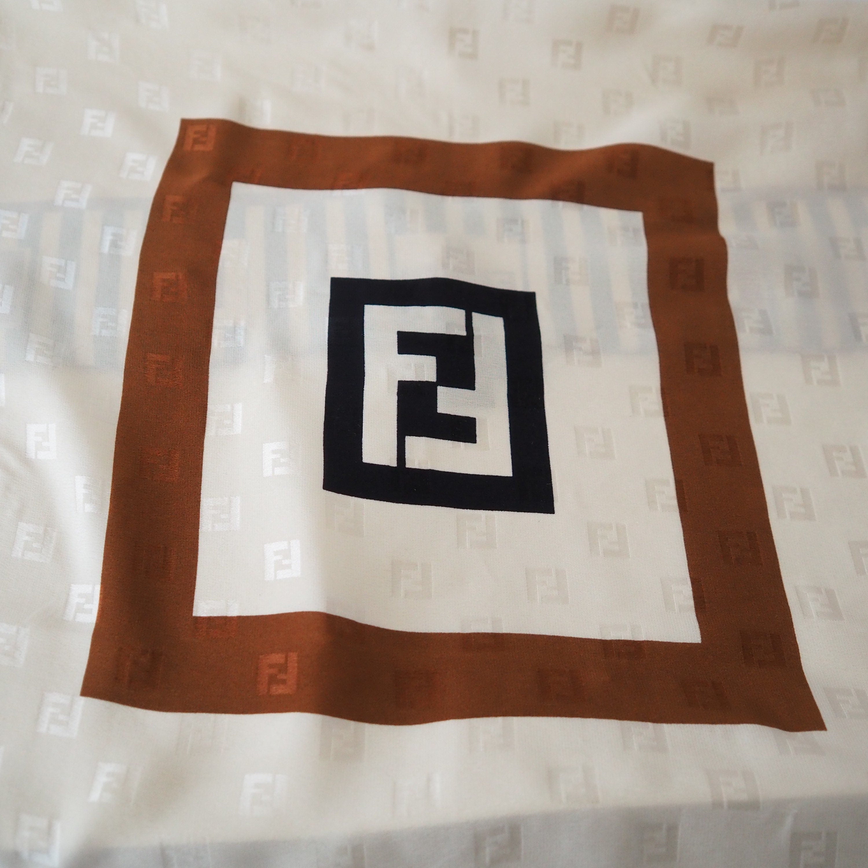 FENDI Zucca Stripe Logo Scarf Silk 100% Brown Beige Authentic