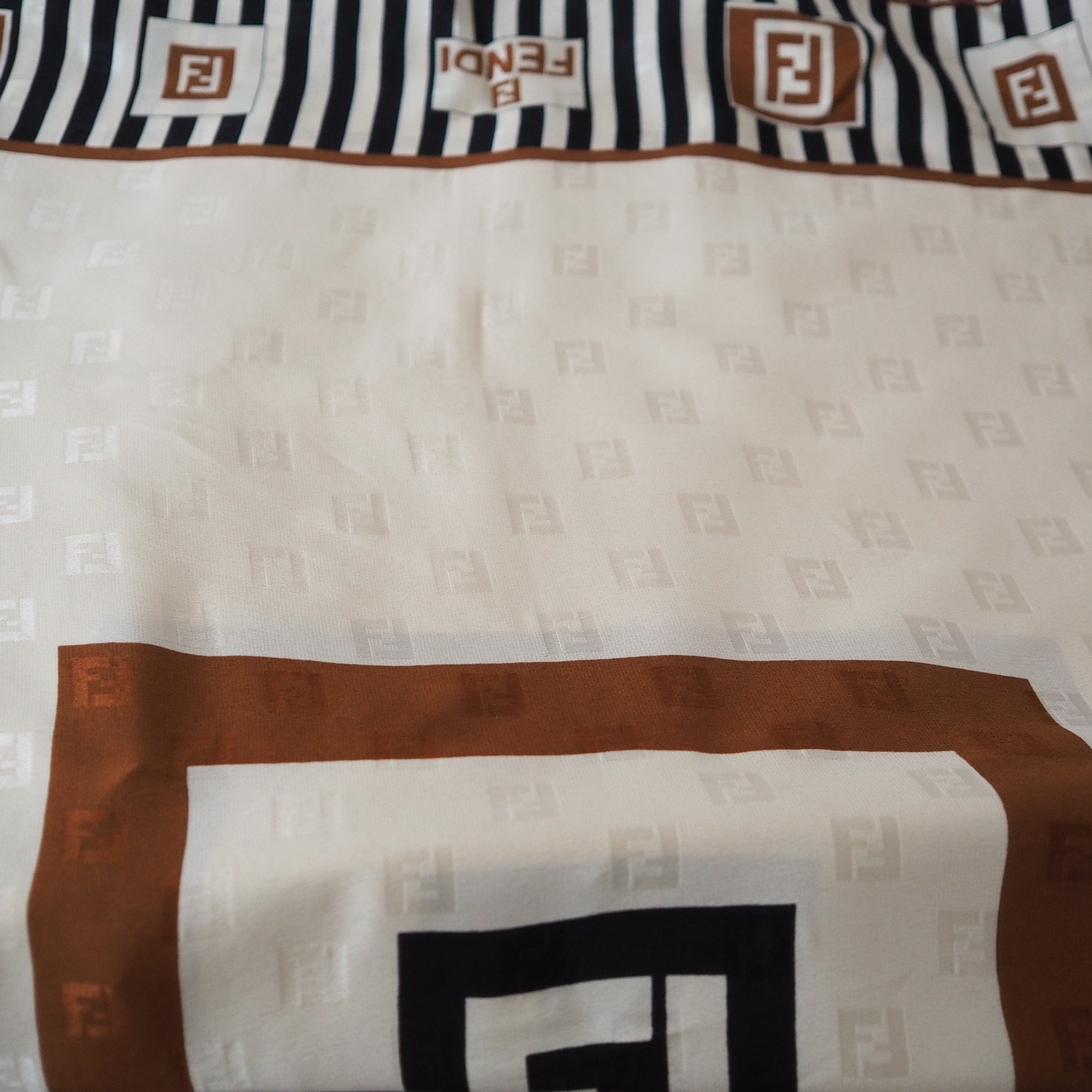 FENDI Zucca Stripe Logo Scarf Silk 100% Brown Beige Authentic