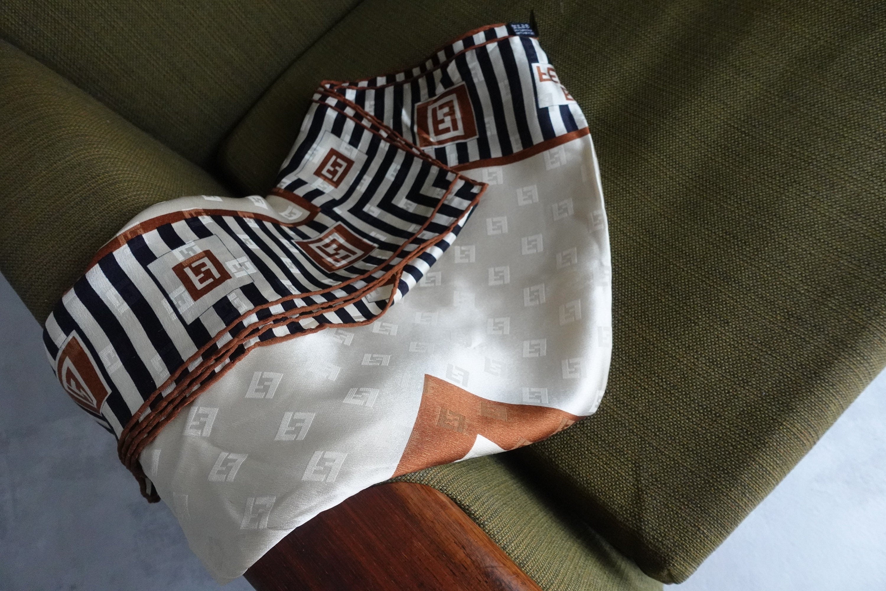 FENDI Zucca Stripe Logo Scarf Silk 100% Brown Beige Authentic