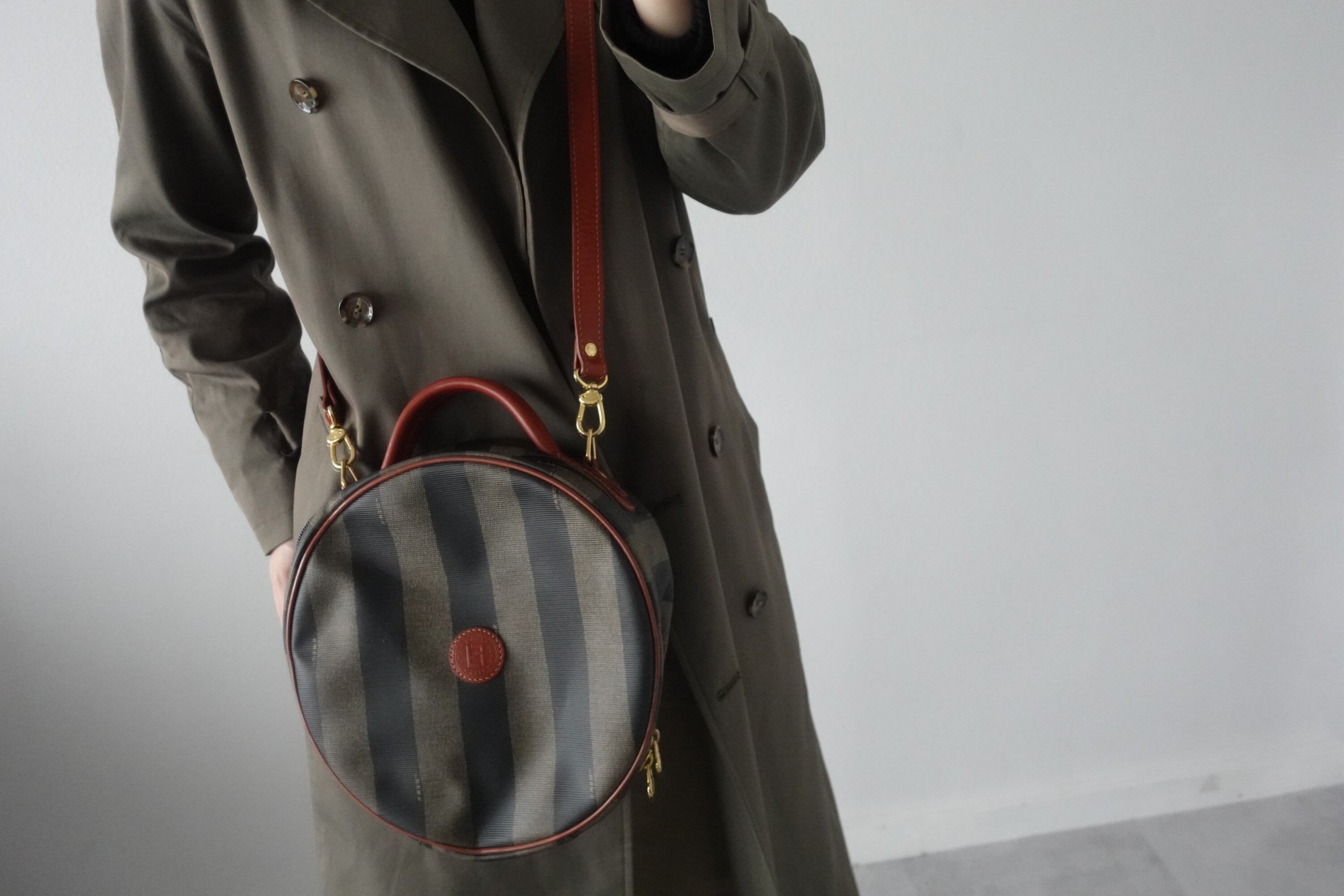 FENDI Pequin Stripe 2way Shoulder Hand Bag Brown PVC Leather Vintage Auth Rare!