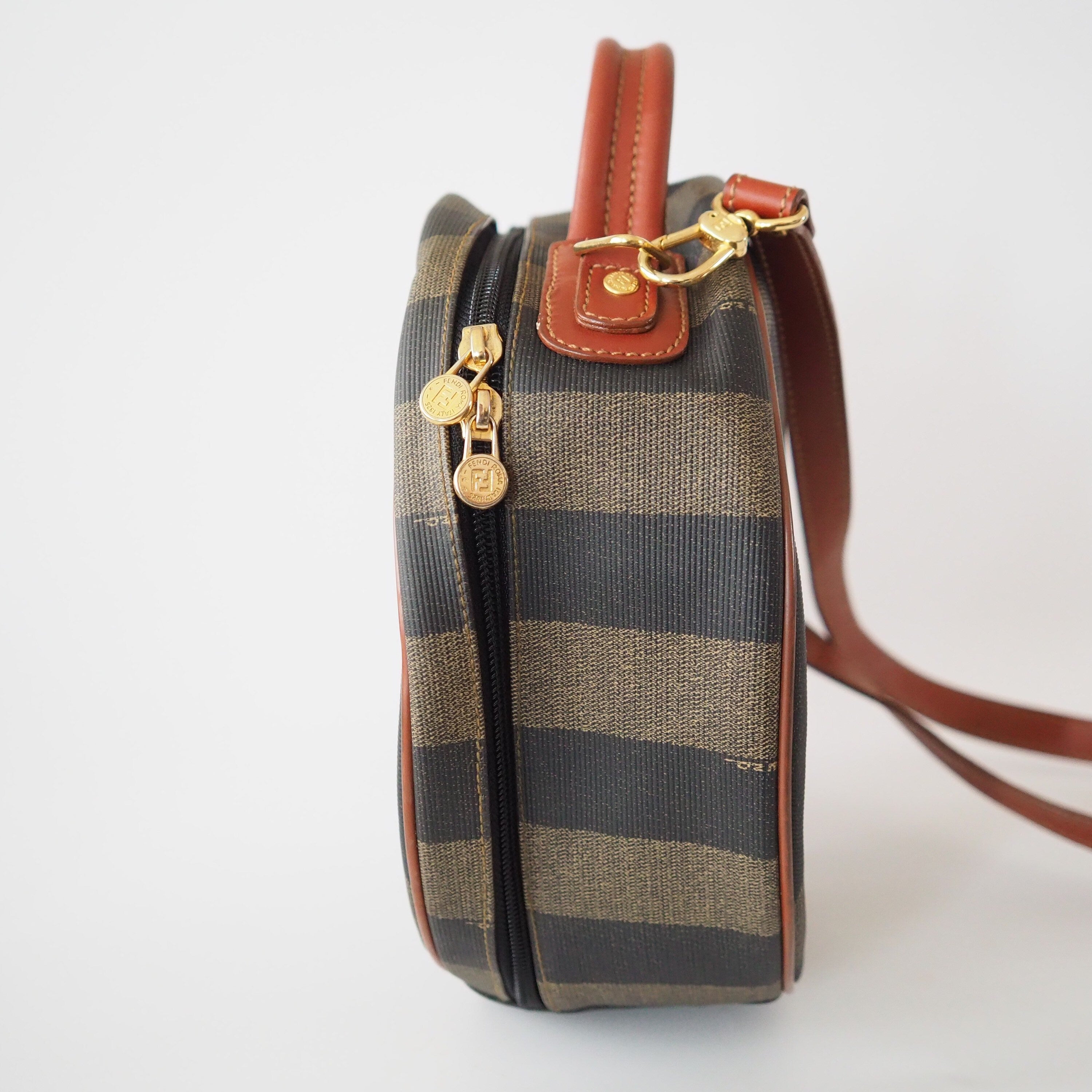 FENDI Pequin Stripe 2way Shoulder Hand Bag Brown PVC Leather Vintage Auth Rare!