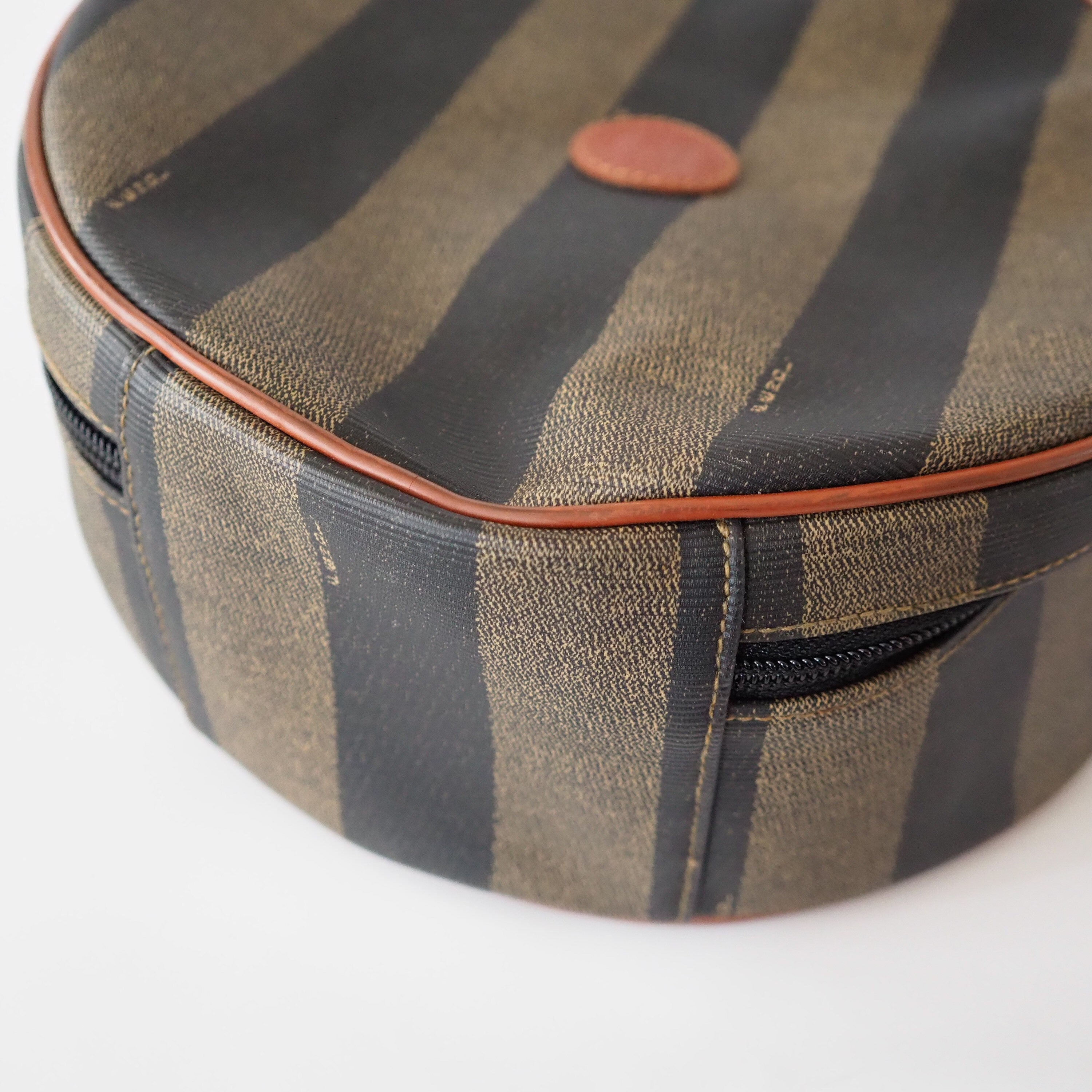 FENDI Pequin Stripe 2way Shoulder Hand Bag Brown PVC Leather Vintage Auth Rare!