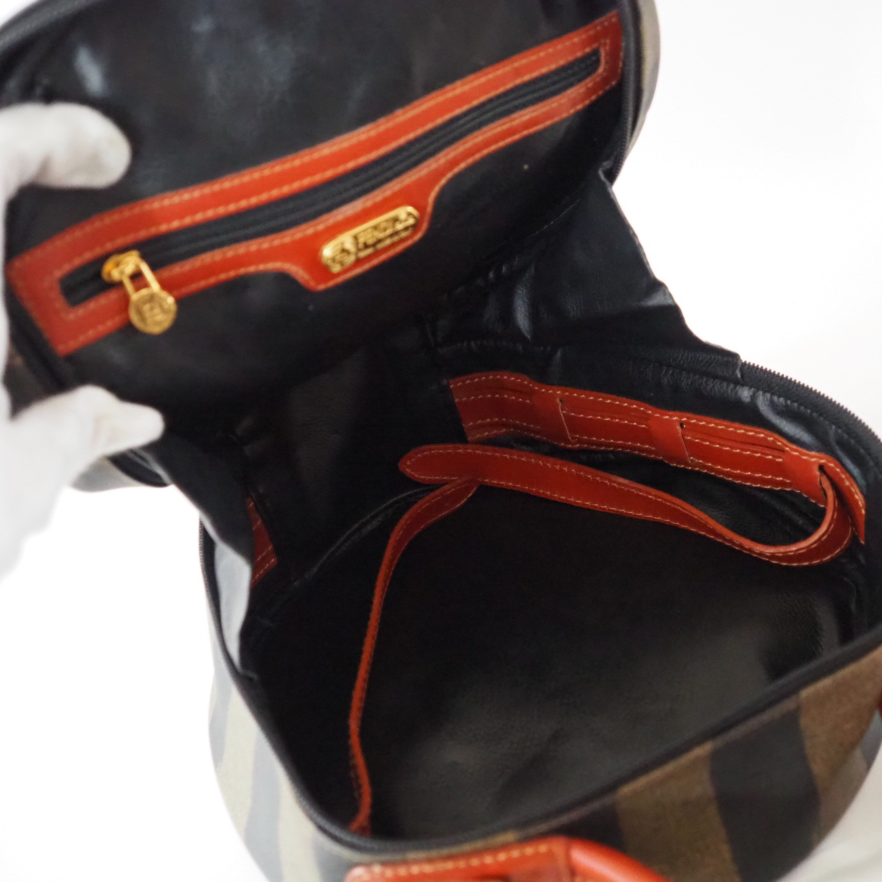 FENDI Pequin Stripe 2way Shoulder Hand Bag Brown PVC Leather Vintage Auth Rare!