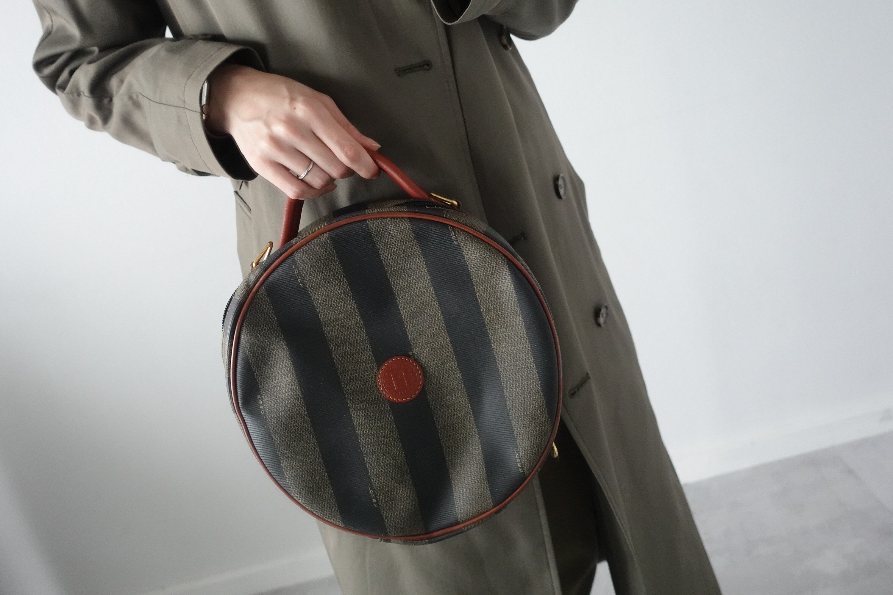 FENDI Pequin Stripe 2way Shoulder Hand Bag Brown PVC Leather Vintage Auth Rare!