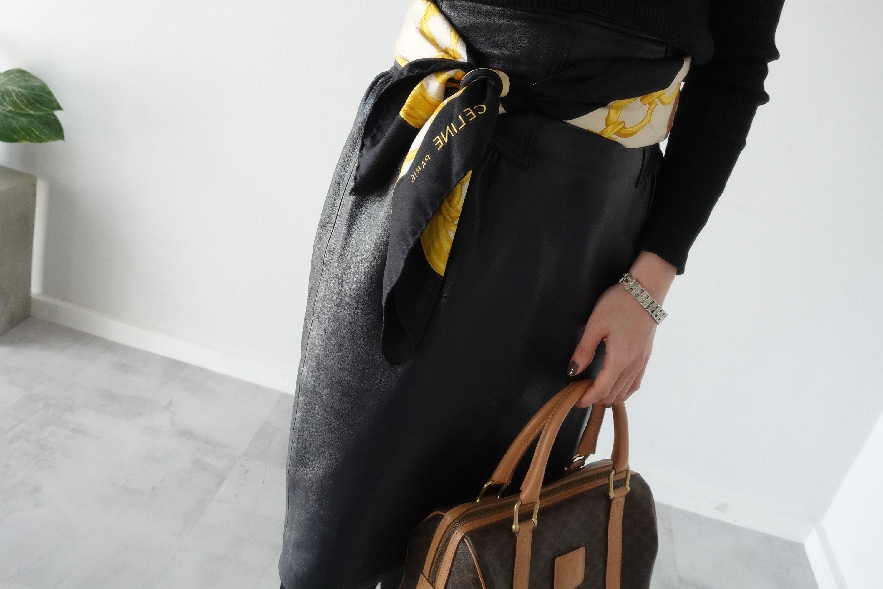 CELINE Circle Chain Logo Scarf Silk 100% Brown Authentic