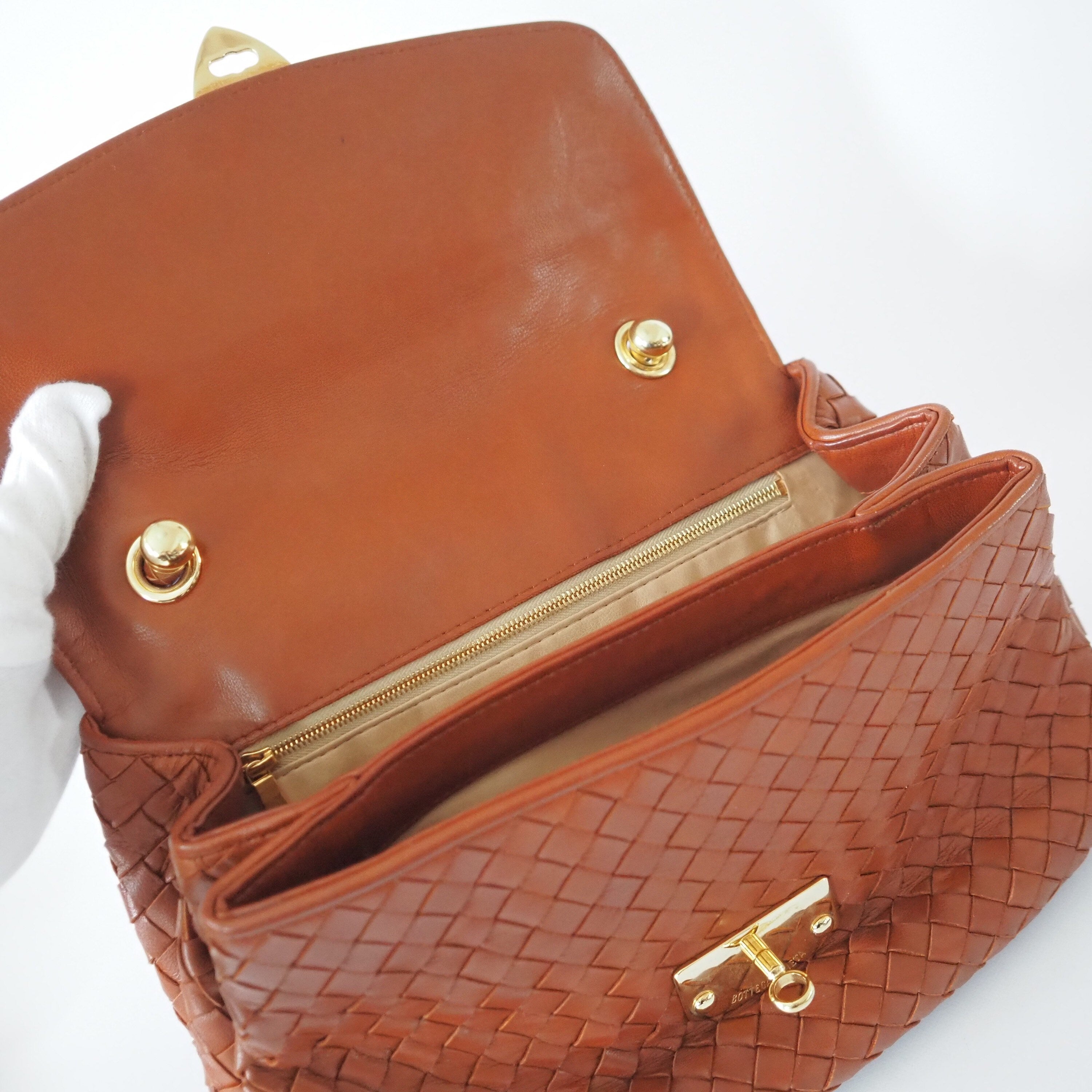 BOTTEGA VENETA Intrecciato Leather Handbag Brown Leather Vintage Authentic