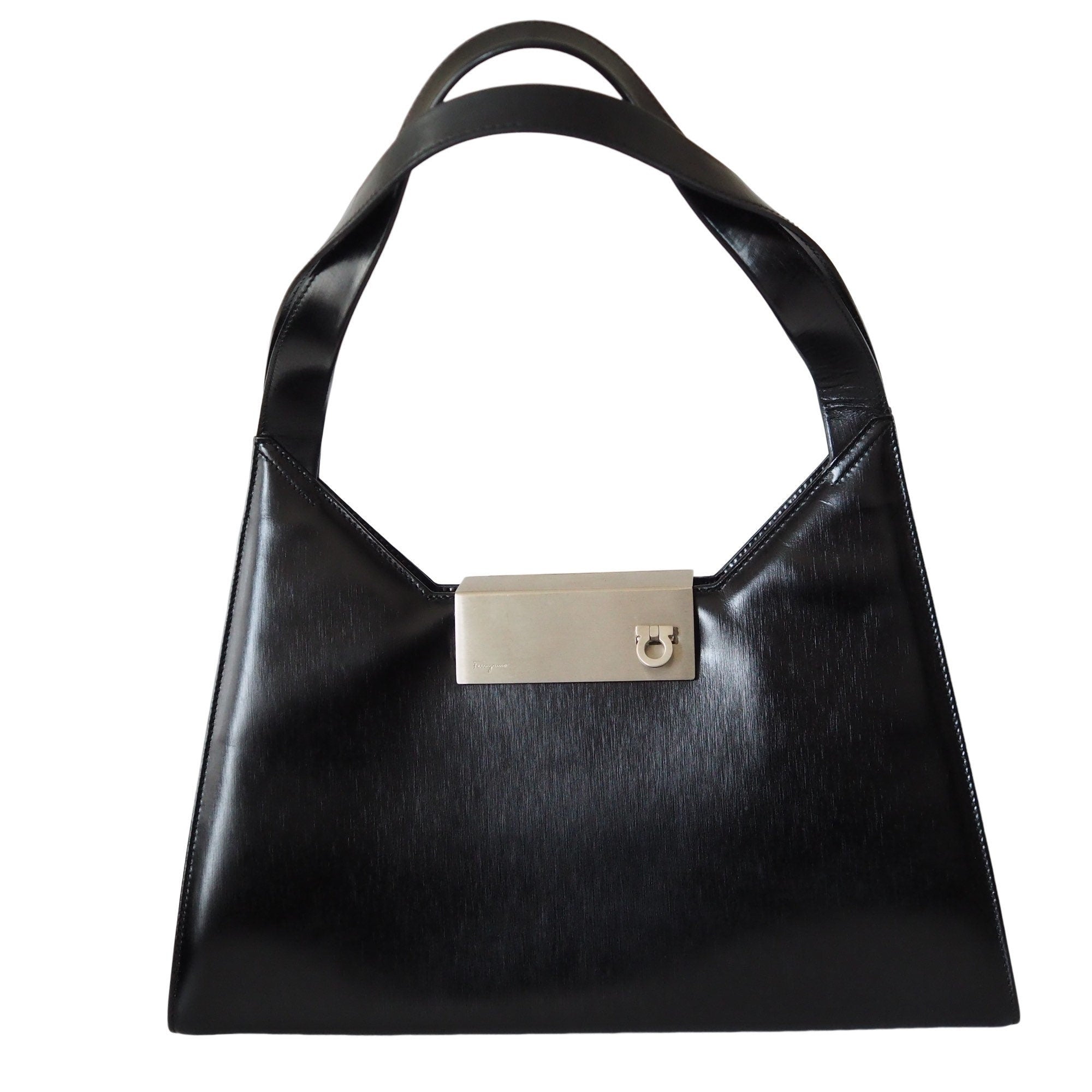 Salvatore Ferragamo Ganchini Shoulder Bag Black Silver Vintage Authentic