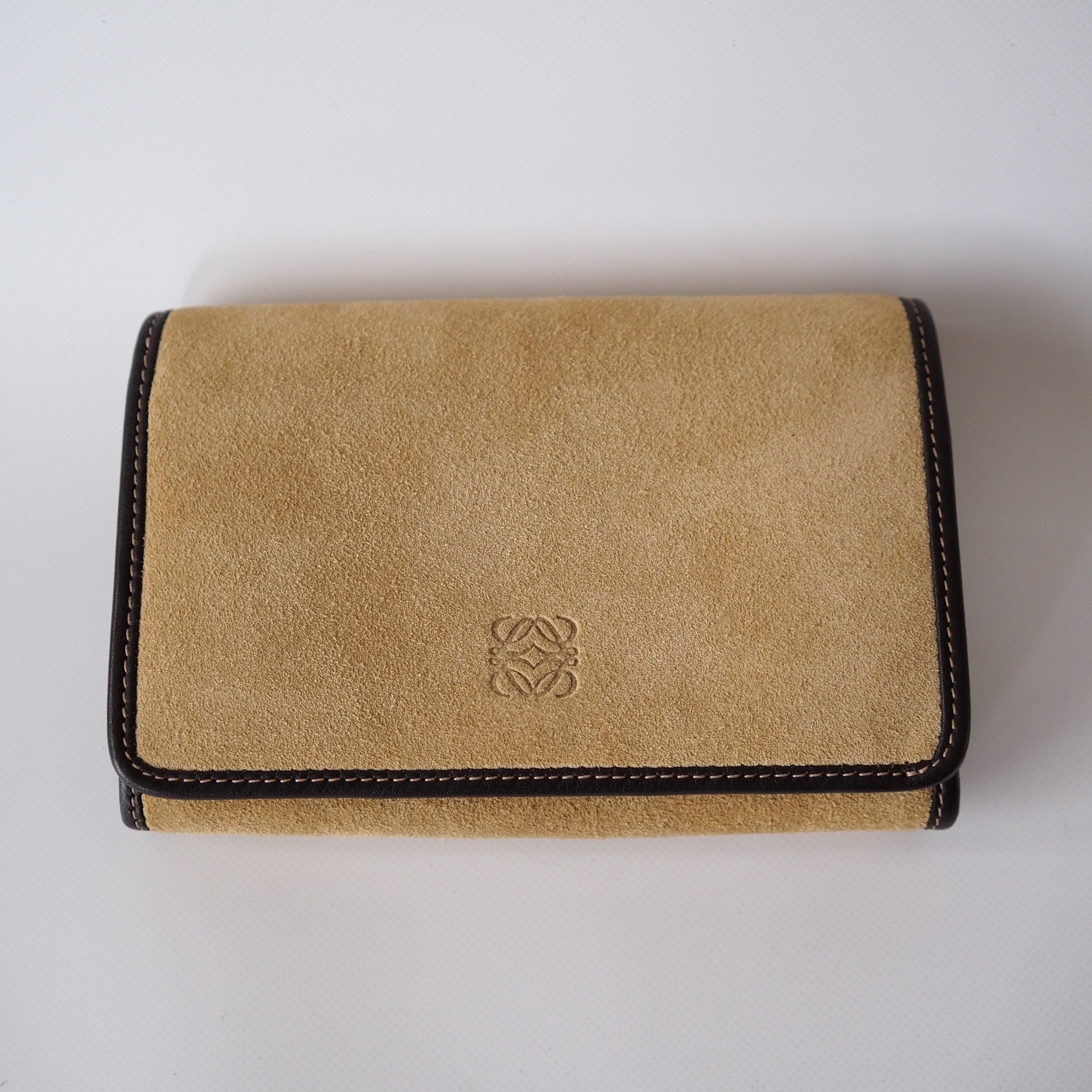 LOEWE Anagram Compact Wallet Suede Leather Beige Brown Authentic