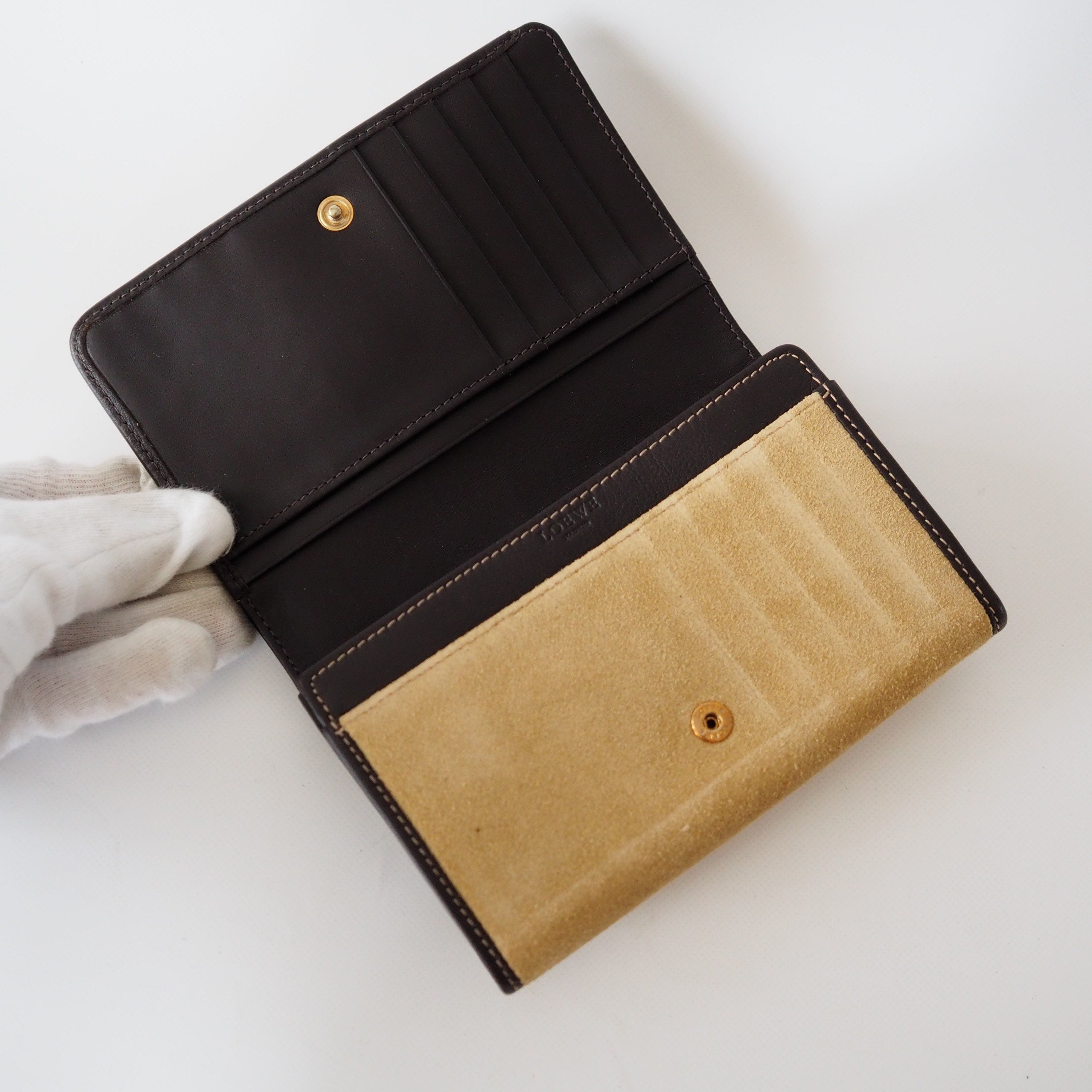 LOEWE Anagram Compact Wallet Suede Leather Beige Brown Authentic