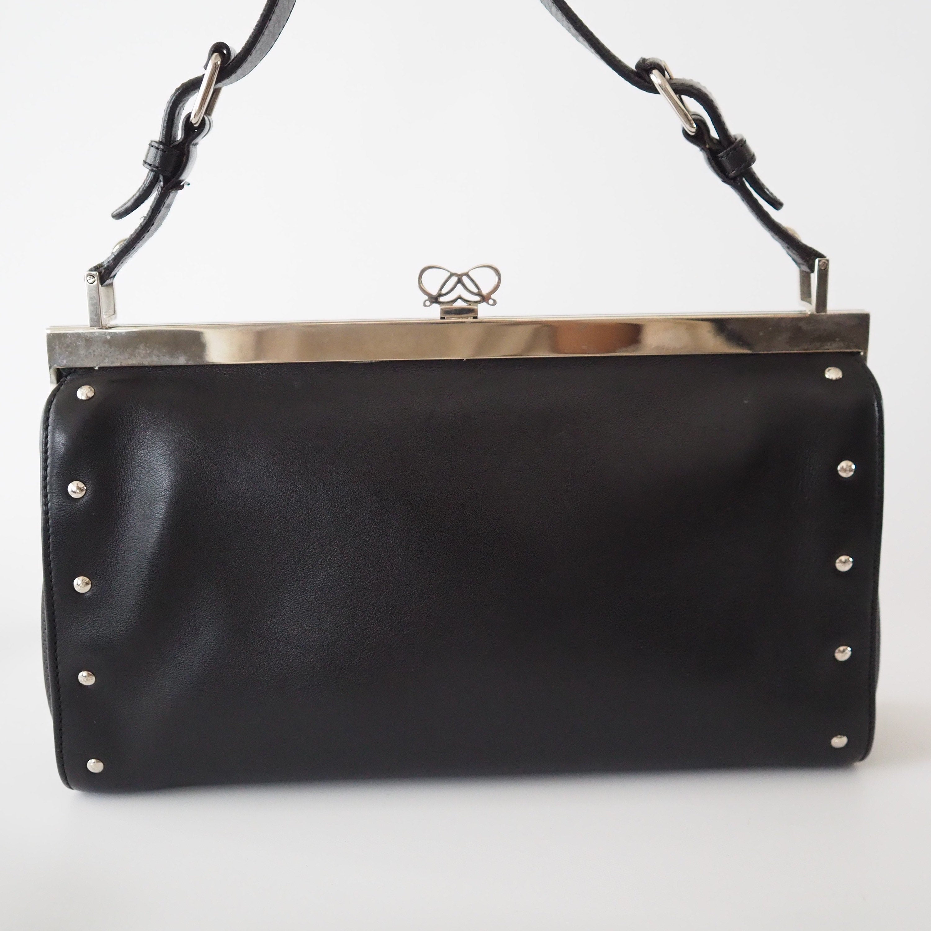 LOEWE Anagram Shoulder bag Black Leather Studs Vintage Authentic