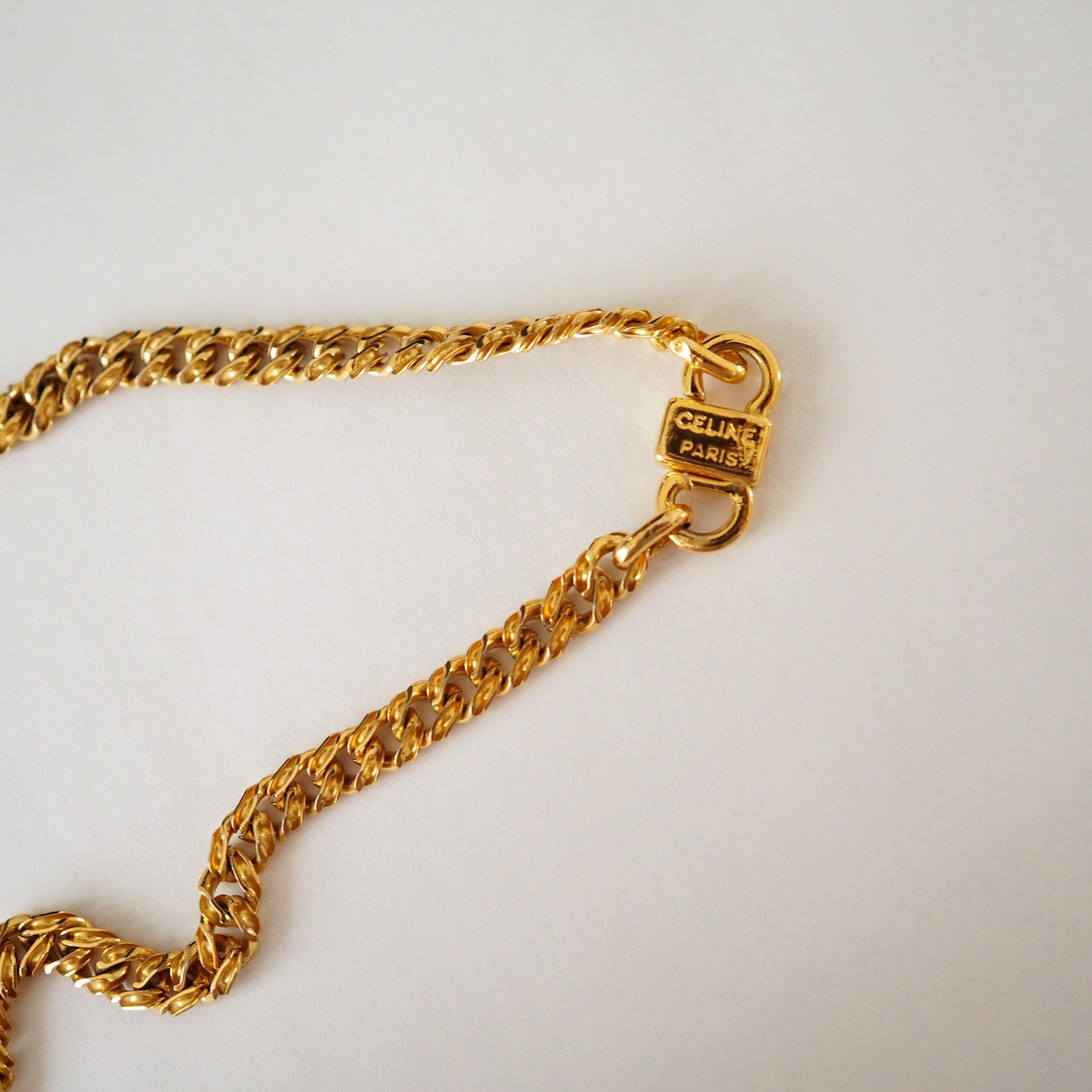 CELINE Macadam Necklace Vintage Metal Gold Authentic